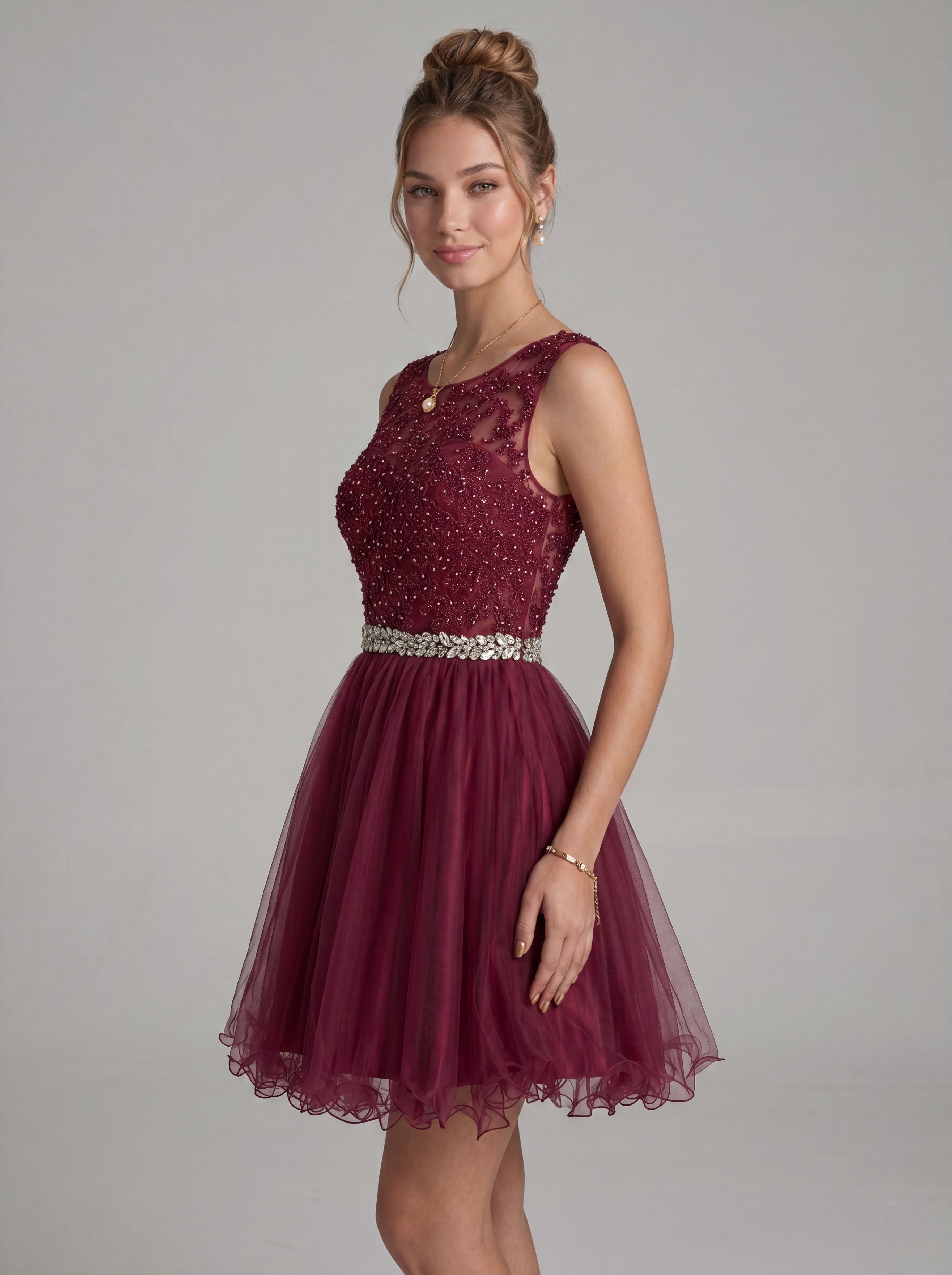 Elegant Burgundy Beaded Tulle Homecoming Dress | Heart Cutout Open Back Short Prom & Cocktail Party Gown
