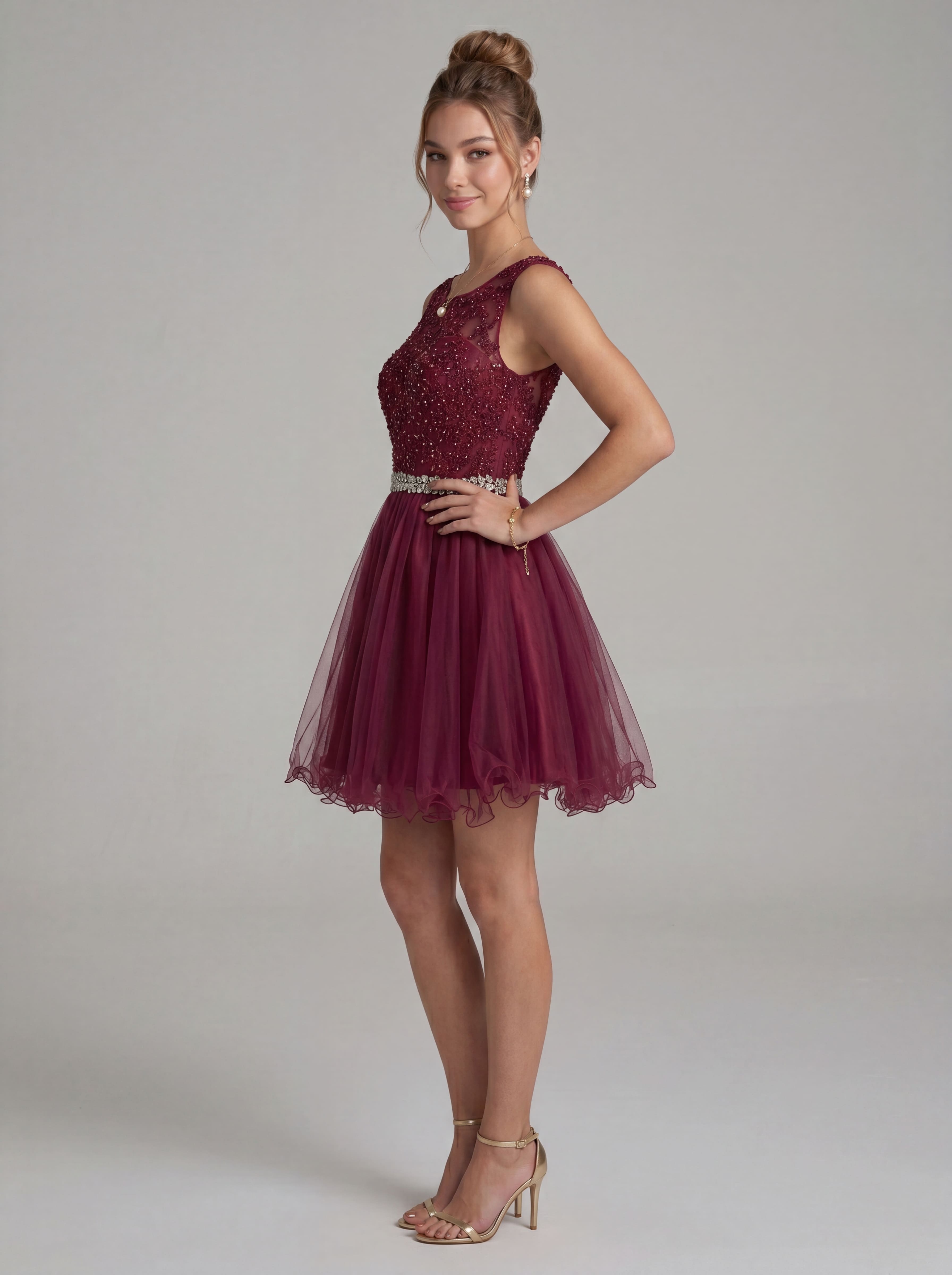 Elegant Burgundy Beaded Tulle Homecoming Dress | Heart Cutout Open Back Short Prom & Cocktail Party Gown