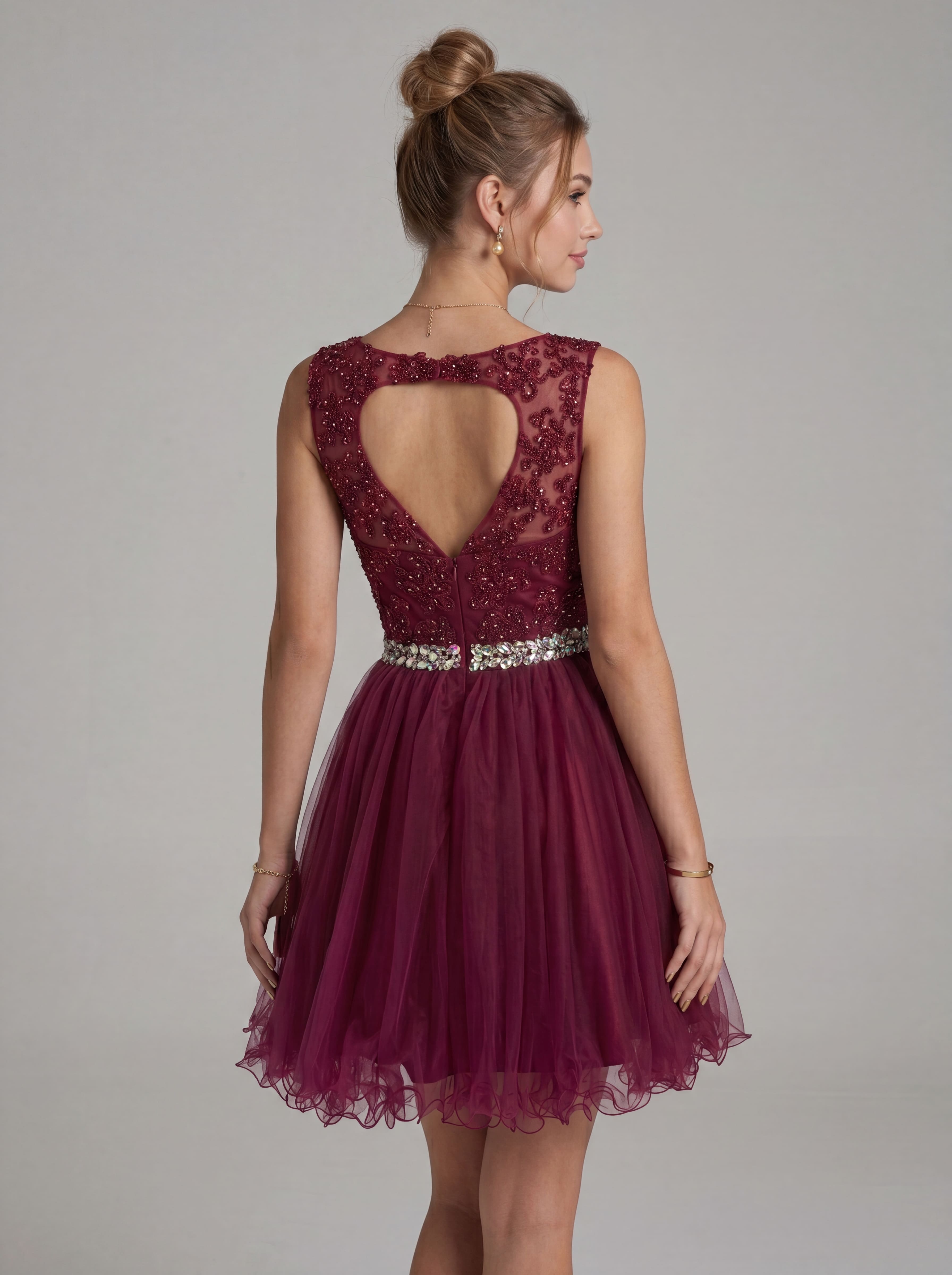 Elegant Burgundy Beaded Tulle Homecoming Dress | Heart Cutout Open Back Short Prom & Cocktail Party Gown