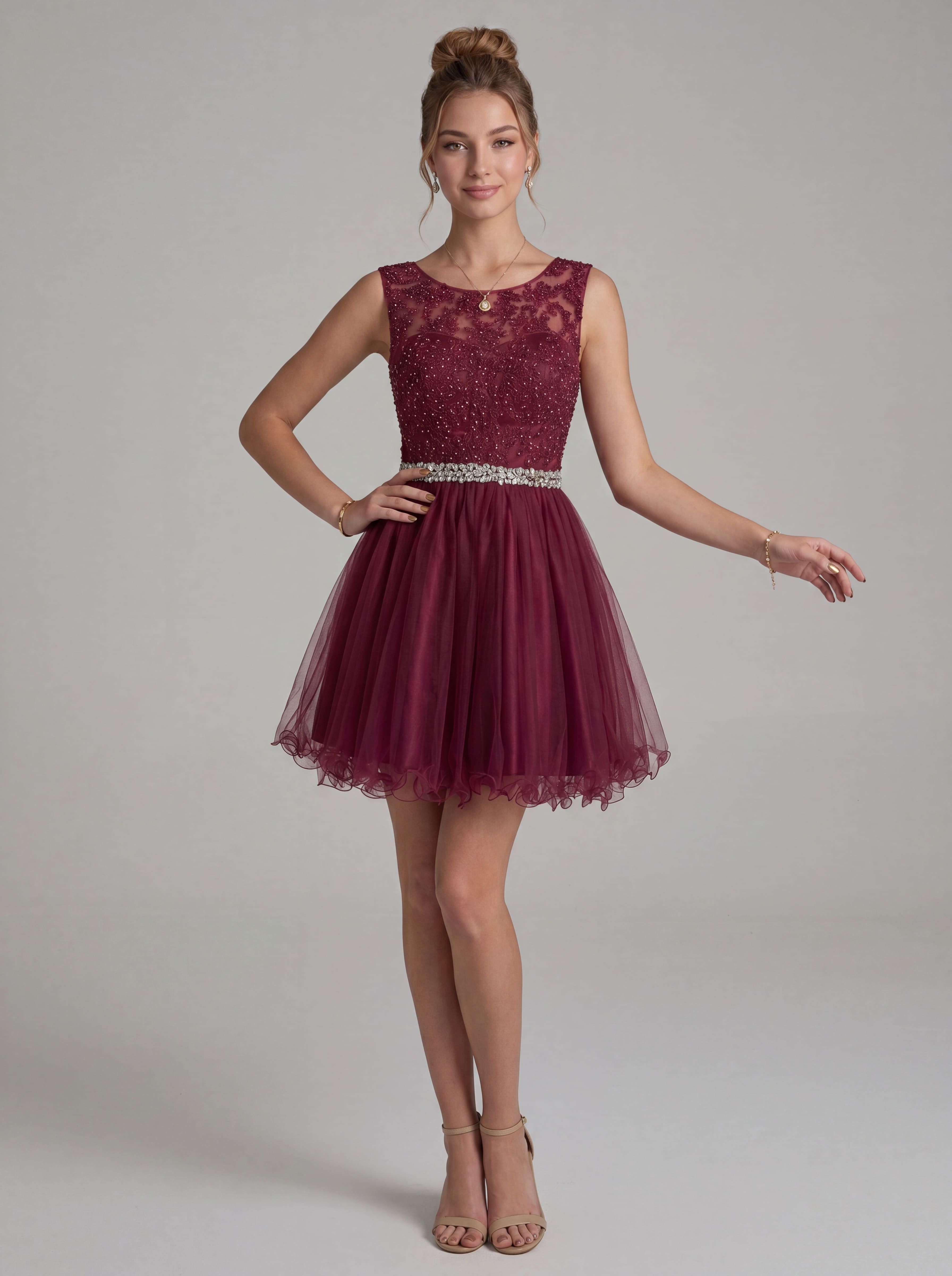 Elegant Burgundy Beaded Tulle Homecoming Dress | Heart Cutout Open Back Short Prom & Cocktail Party Gown