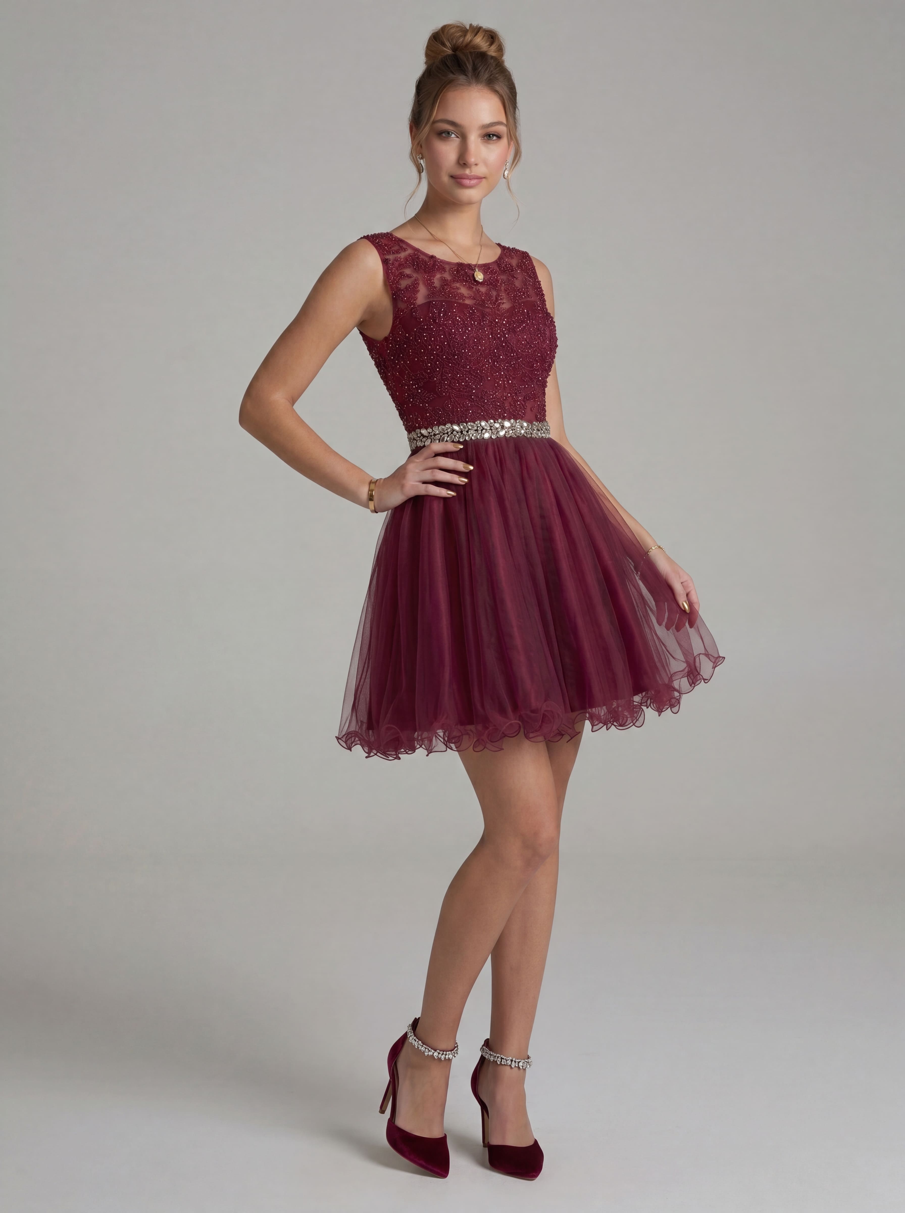 Elegant Burgundy Beaded Tulle Homecoming Dress | Heart Cutout Open Back Short Prom & Cocktail Party Gown