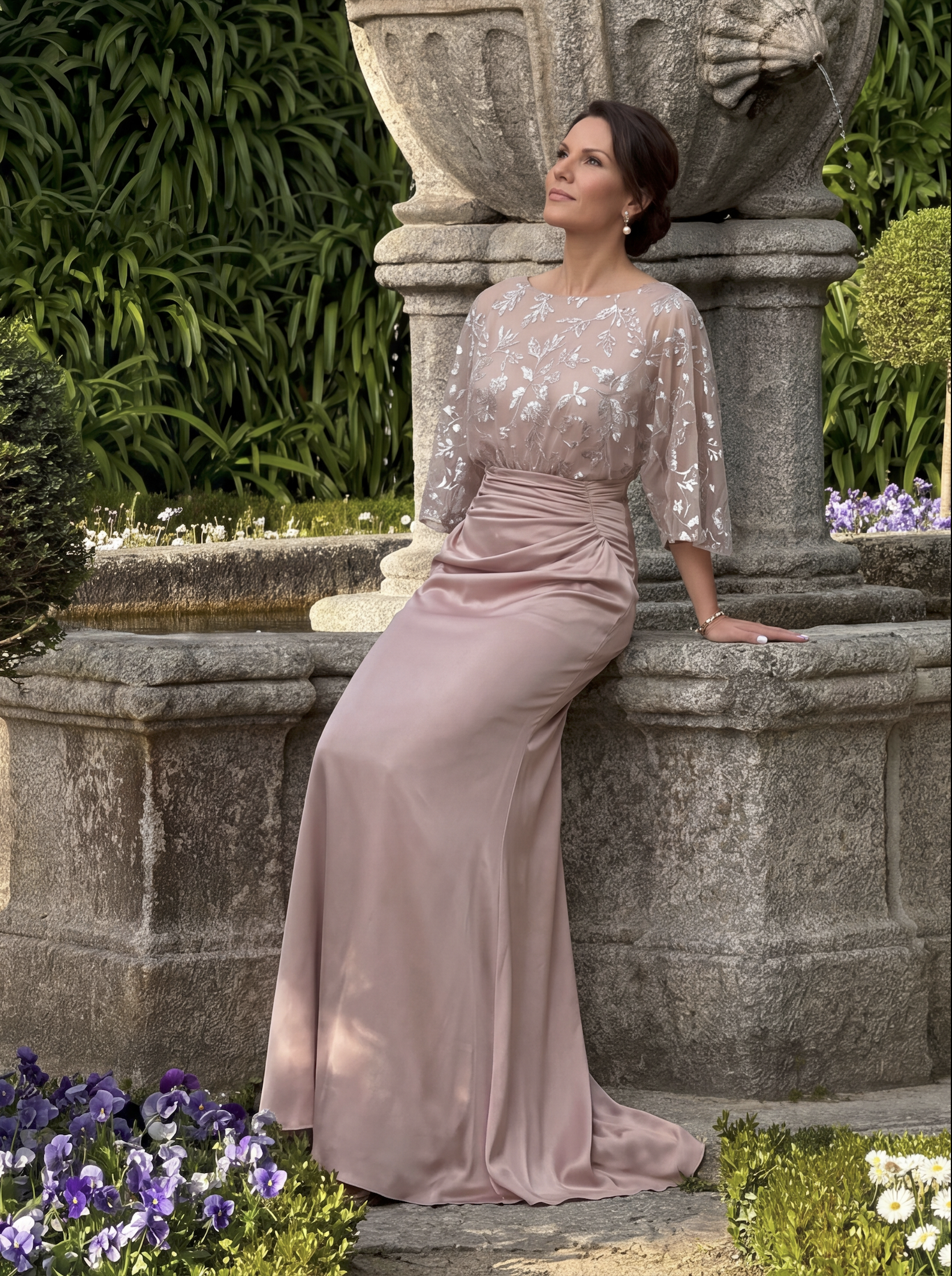 Blush Pink Floral Sequin Evening Gown - Batwing Sleeve Ruched Satin Mother of the Bride Dress