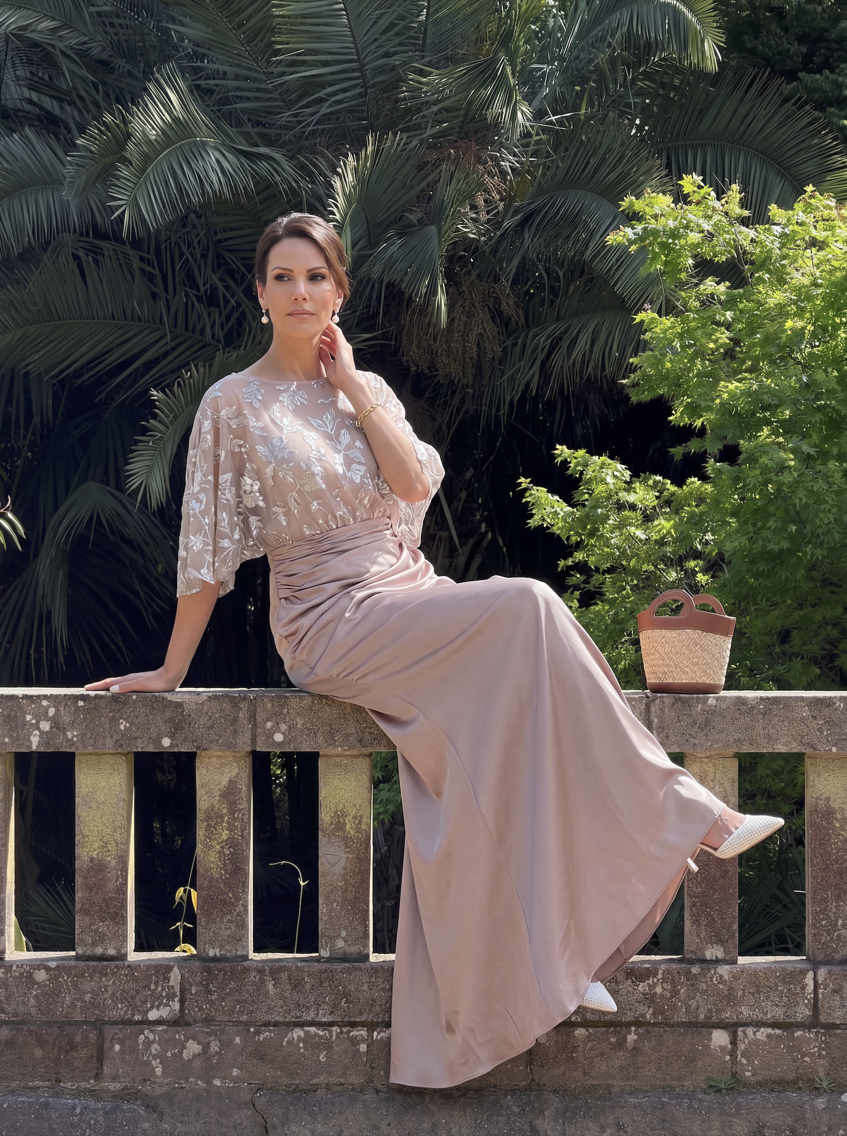 Blush Pink Floral Sequin Evening Gown - Batwing Sleeve Ruched Satin Mother of the Bride Dress
