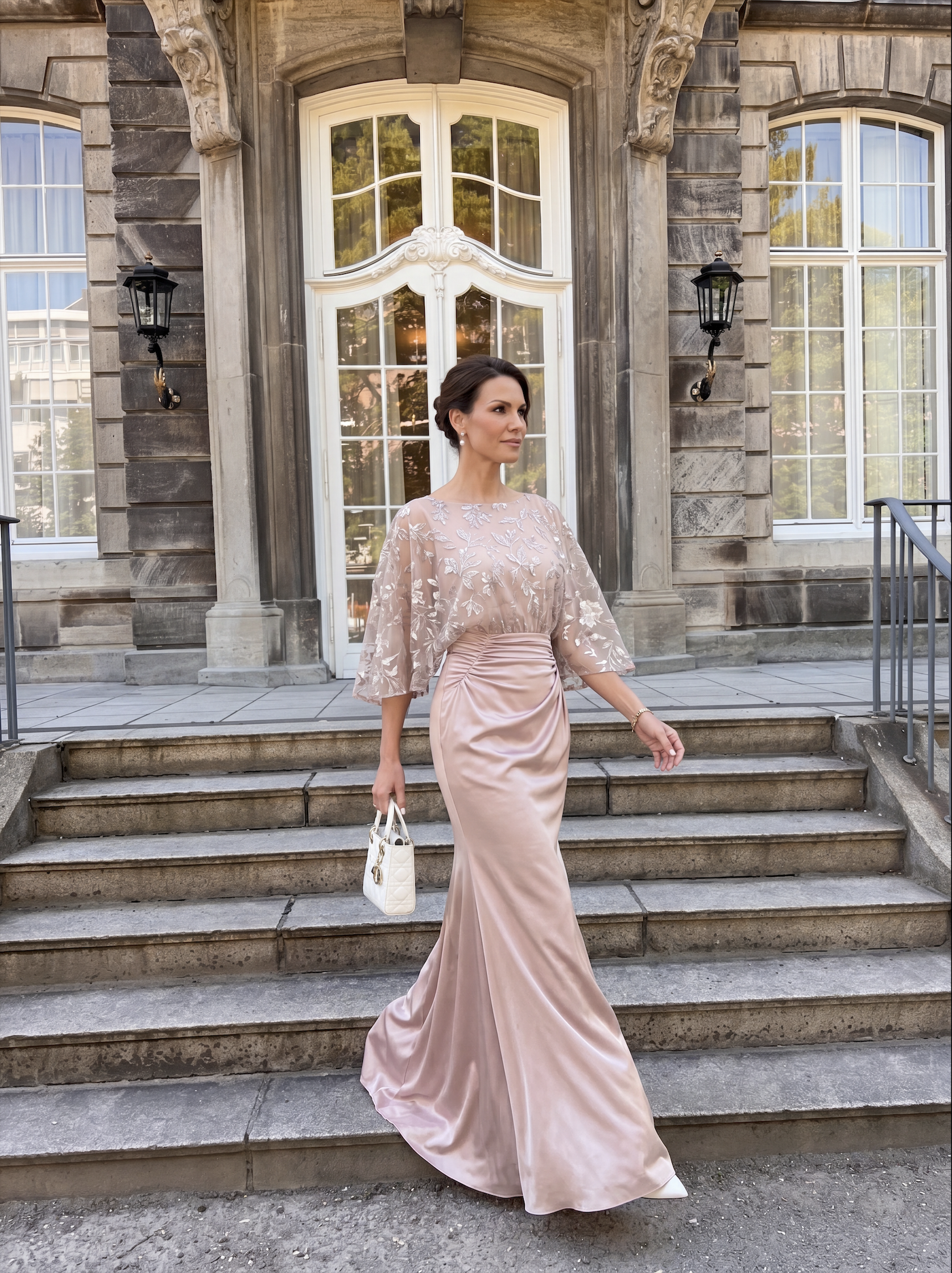 Blush Pink Floral Sequin Evening Gown - Batwing Sleeve Ruched Satin Mother of the Bride Dress