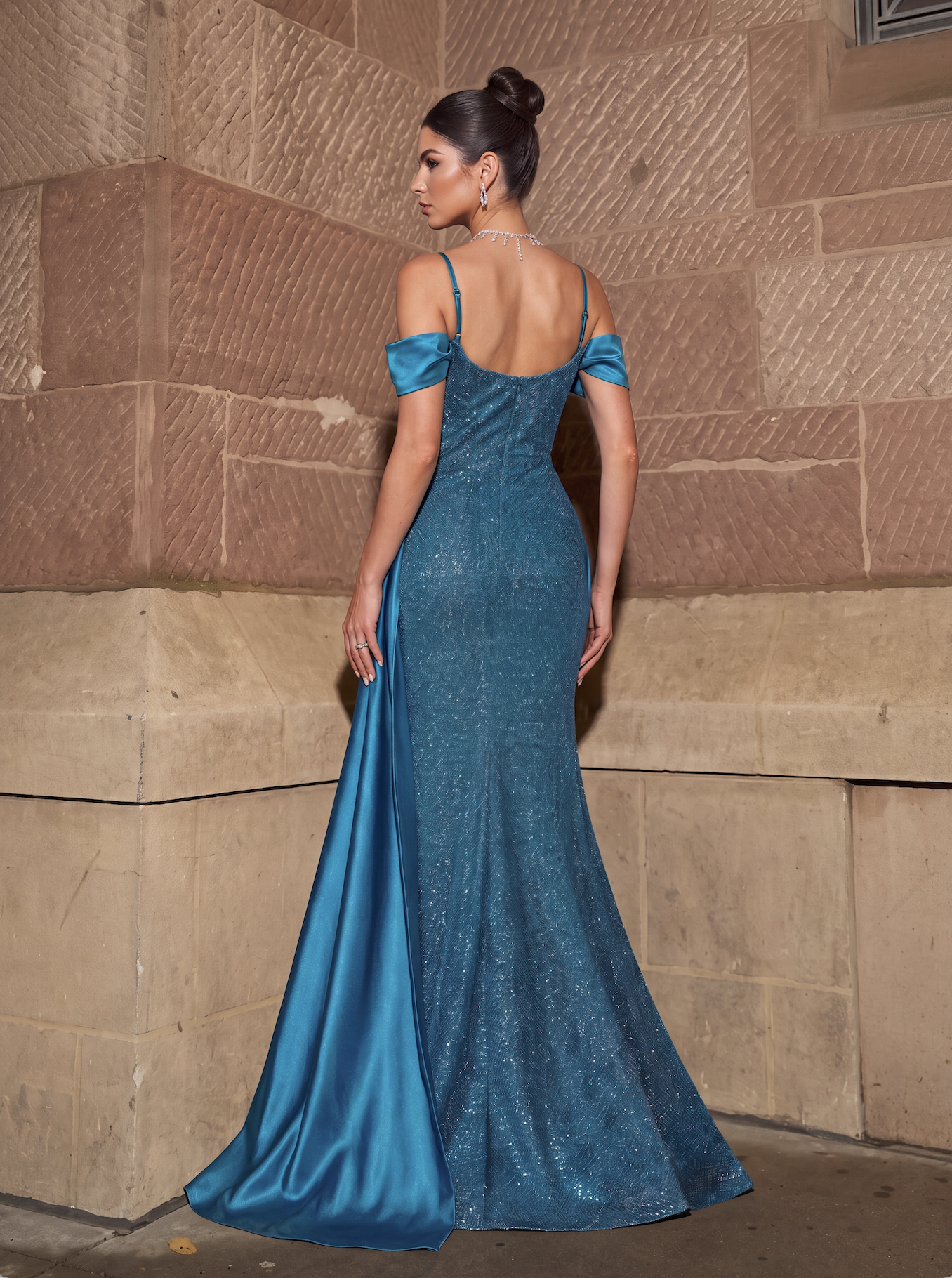 Teal Blue Glitter Mermaid Prom Dress - Cold Shoulder Evening Gown with Satin Side Train & High Slit
