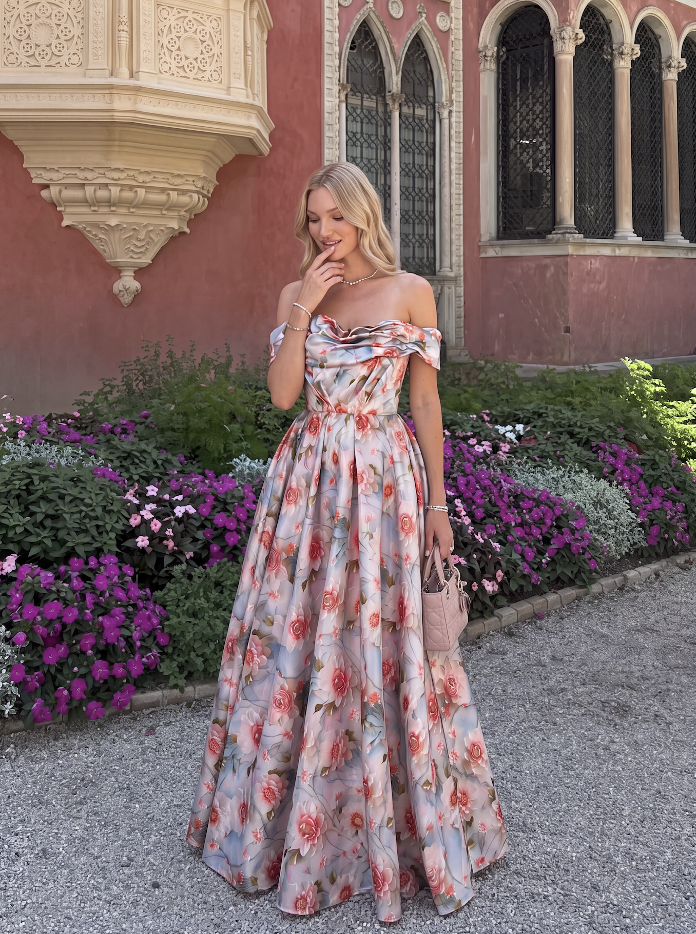 Vintage Floral Off-The-Shoulder Evening Gown - Pleated A-Line Prom Dress & Spring Wedding Guest Maxi