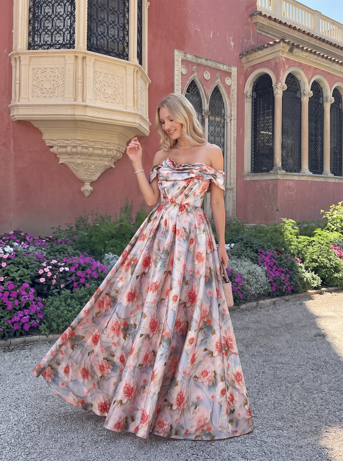 Vintage Floral Off-The-Shoulder Evening Gown - Pleated A-Line Prom Dress & Spring Wedding Guest Maxi