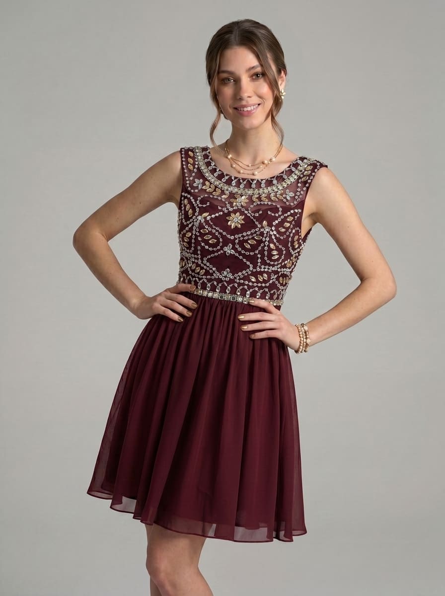 Short Beaded Homecoming Dress - Illusion Sleeveless Embellished A-Line Chiffon Cocktail Party Gown for Graduation & Prom