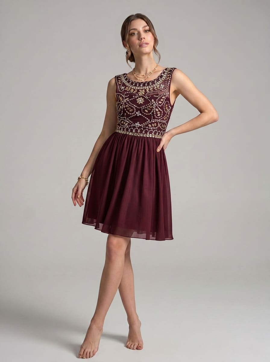 Short Beaded Homecoming Dress - Illusion Sleeveless Embellished A-Line Chiffon Cocktail Party Gown for Graduation & Prom