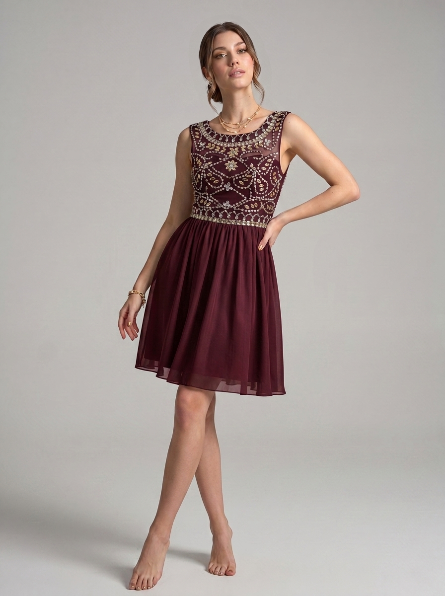 Short Beaded Homecoming Dress - Illusion Sleeveless Embellished A-Line Chiffon Cocktail Party Gown for Graduation & Prom