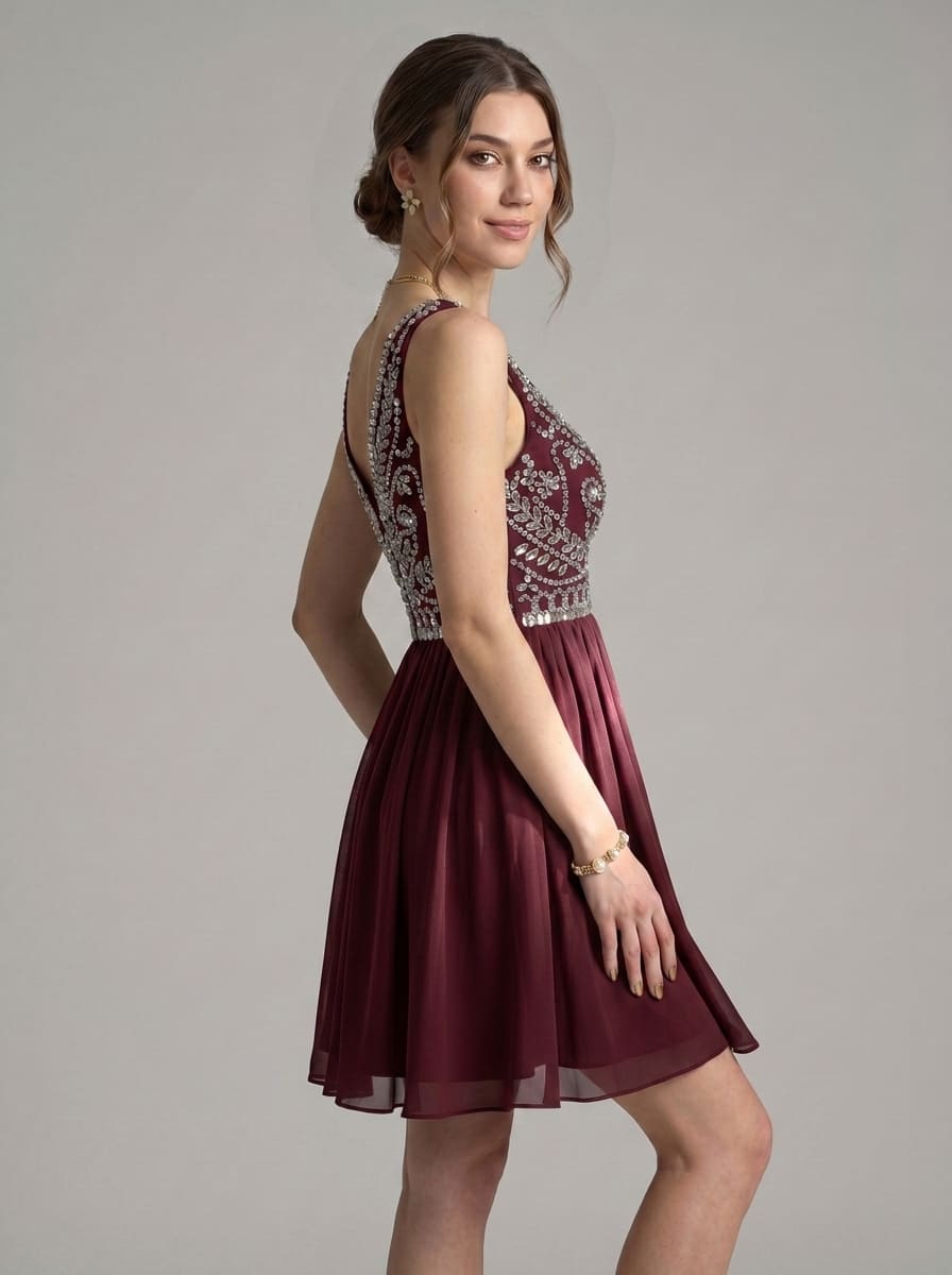 Short Beaded Homecoming Dress - Illusion Sleeveless Embellished A-Line Chiffon Cocktail Party Gown for Graduation & Prom