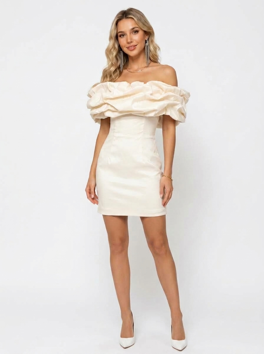 SPU - 608S40LF012 Ivory Off‑Shoulder Ruffle Bodycon Dress