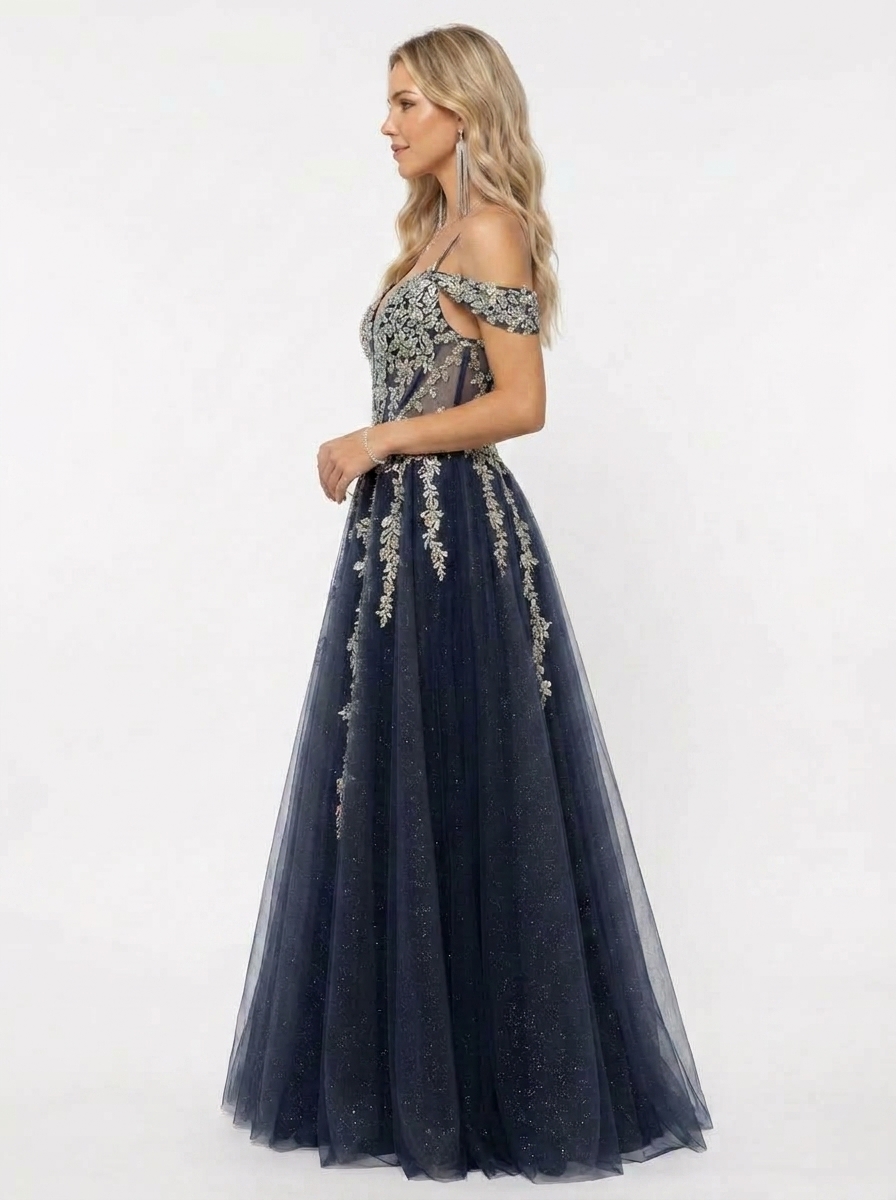 SPU - 608S20LF009 Navy Blue Gold Lace Off‑Shoulder Gown