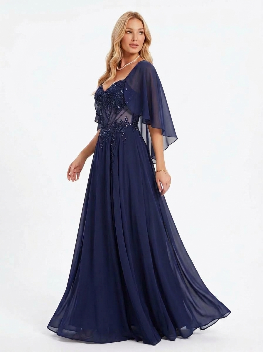 SPU - 608S20LF018 Navy Chiffon Corset Evening Gown