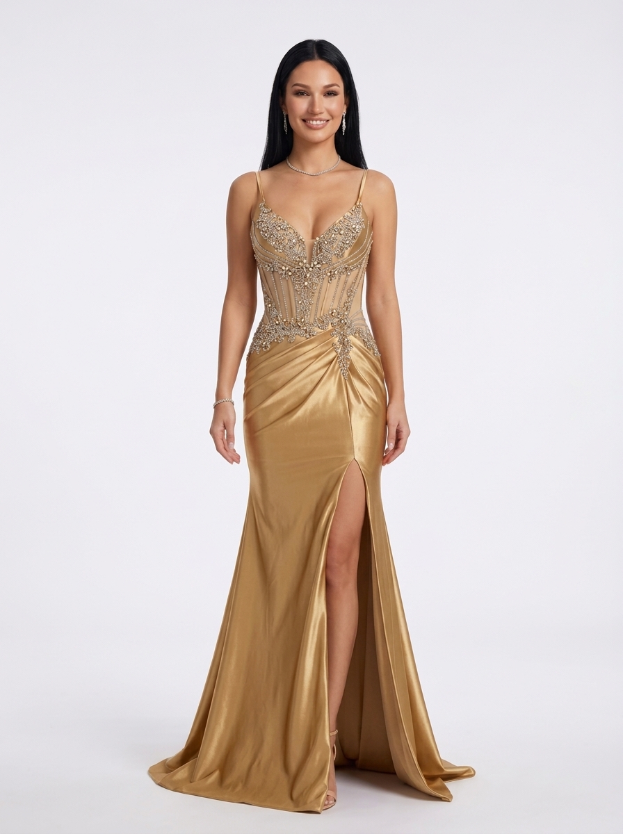 SPU - 608S20LF026 Gold Beaded Satin Evening Gown