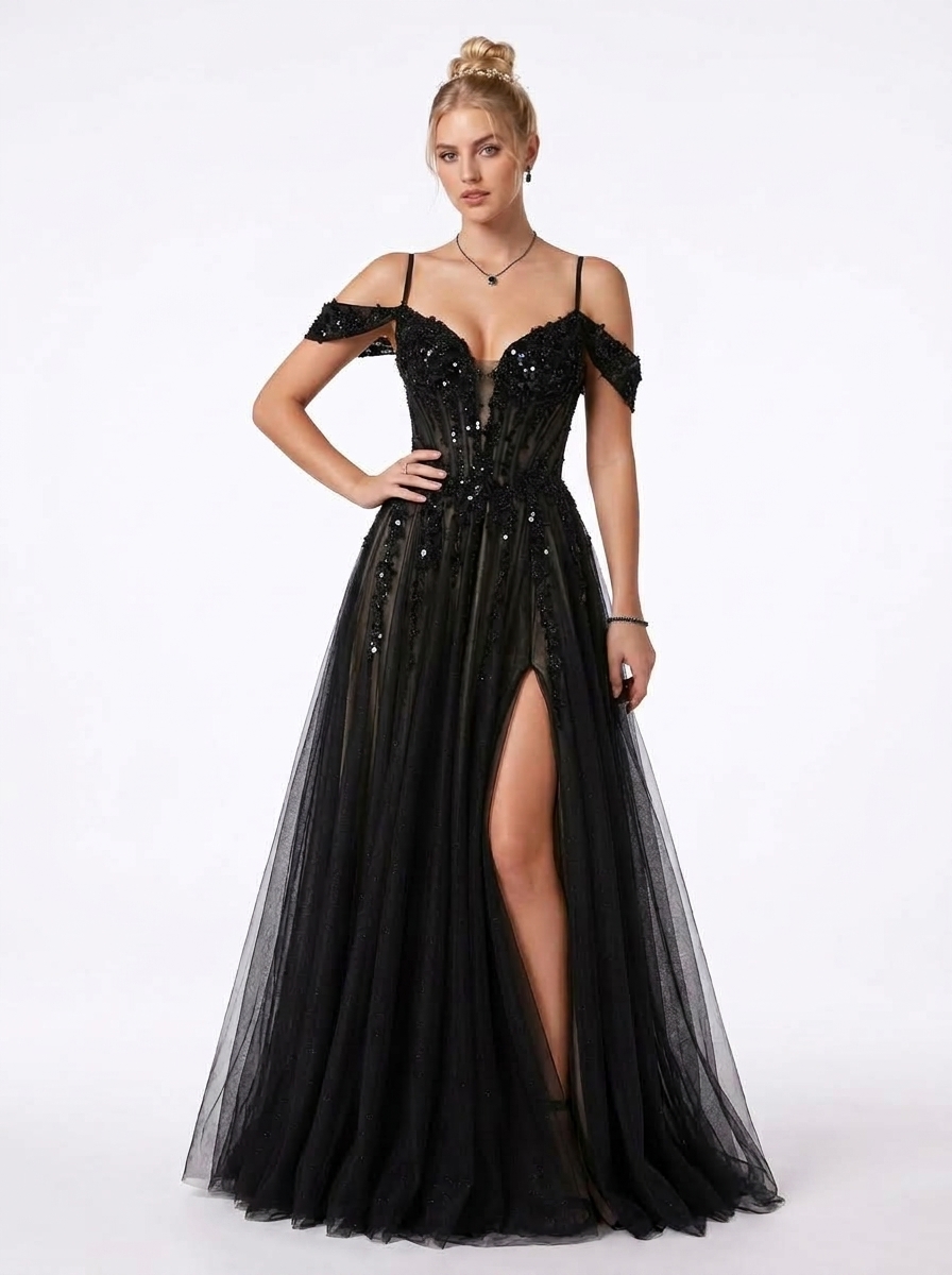 SPU - 608S20LF031 Black Off‑the‑Shoulder Tulle Evening Gown
