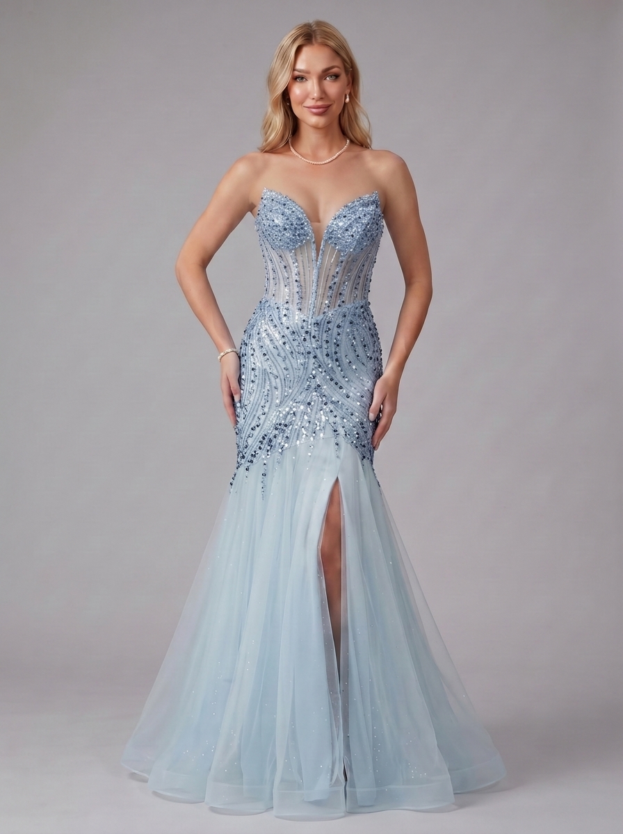 SPU - 608S20LF003 Sky Blue Beaded Sheer Mermaid Evening Gown