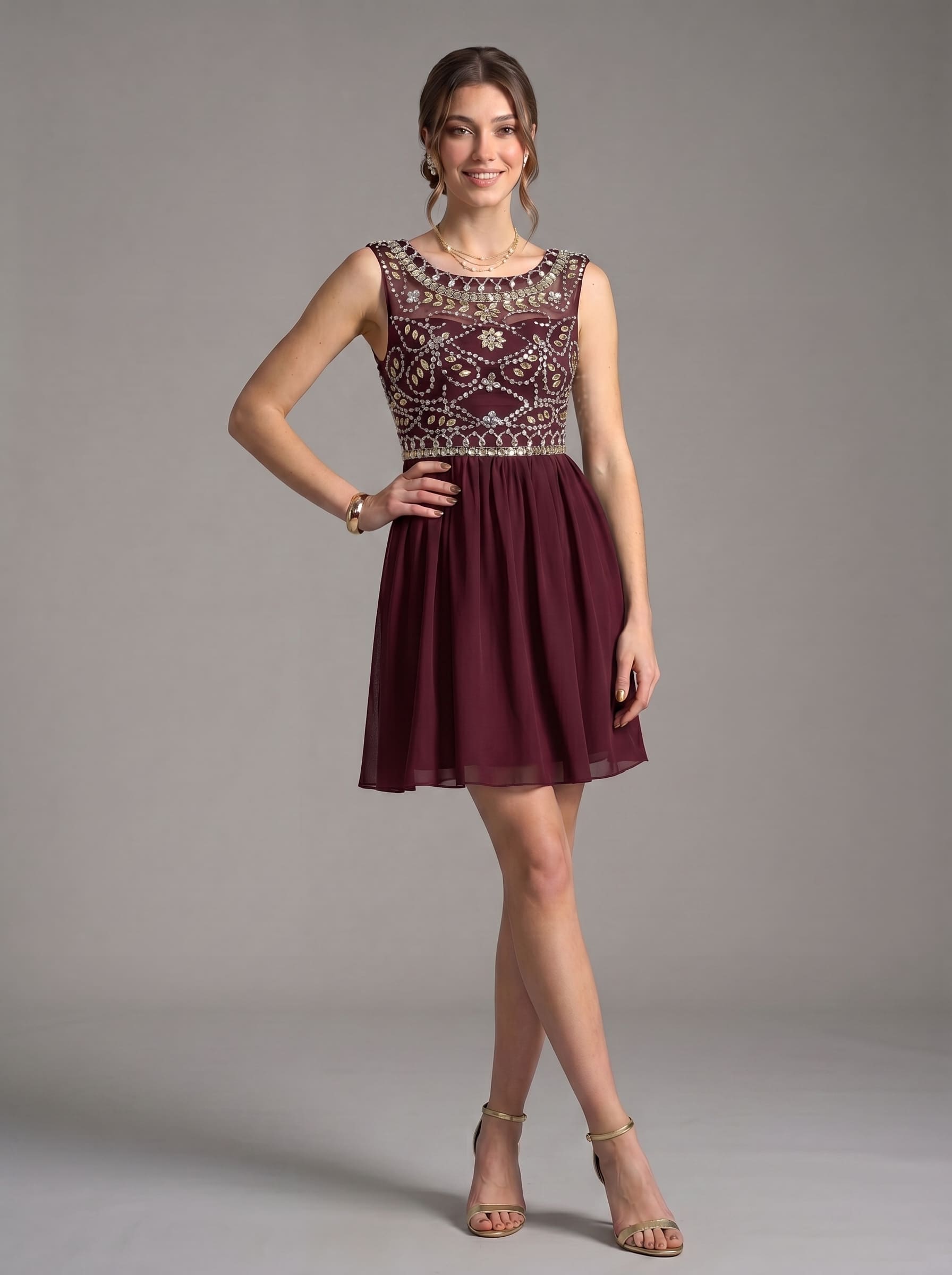 Short Beaded Homecoming Dress - Illusion Sleeveless Embellished A-Line Chiffon Cocktail Party Gown for Graduation & Prom