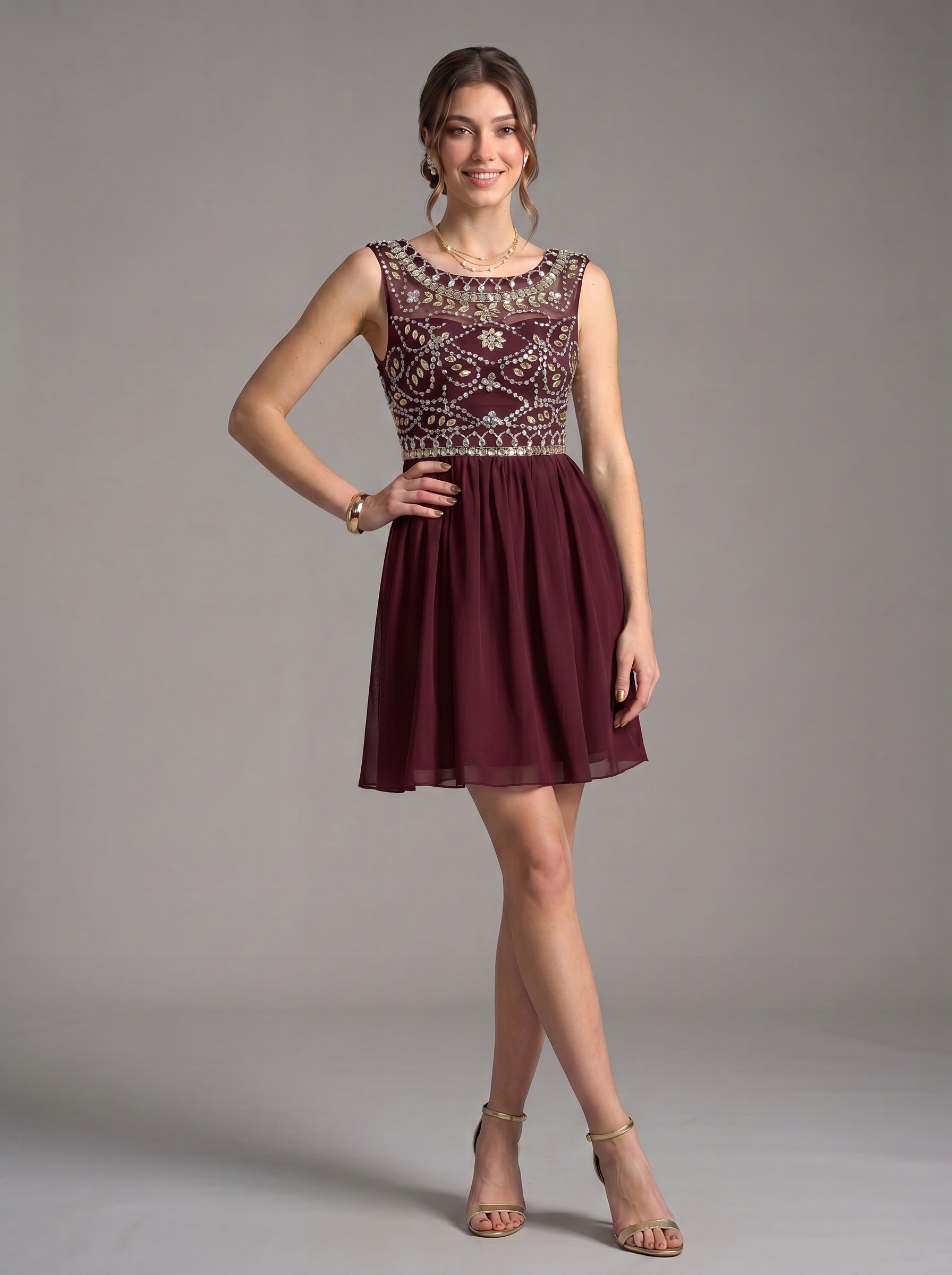 Short Beaded Homecoming Dress - Illusion Sleeveless Embellished A-Line Chiffon Cocktail Party Gown for Graduation & Prom