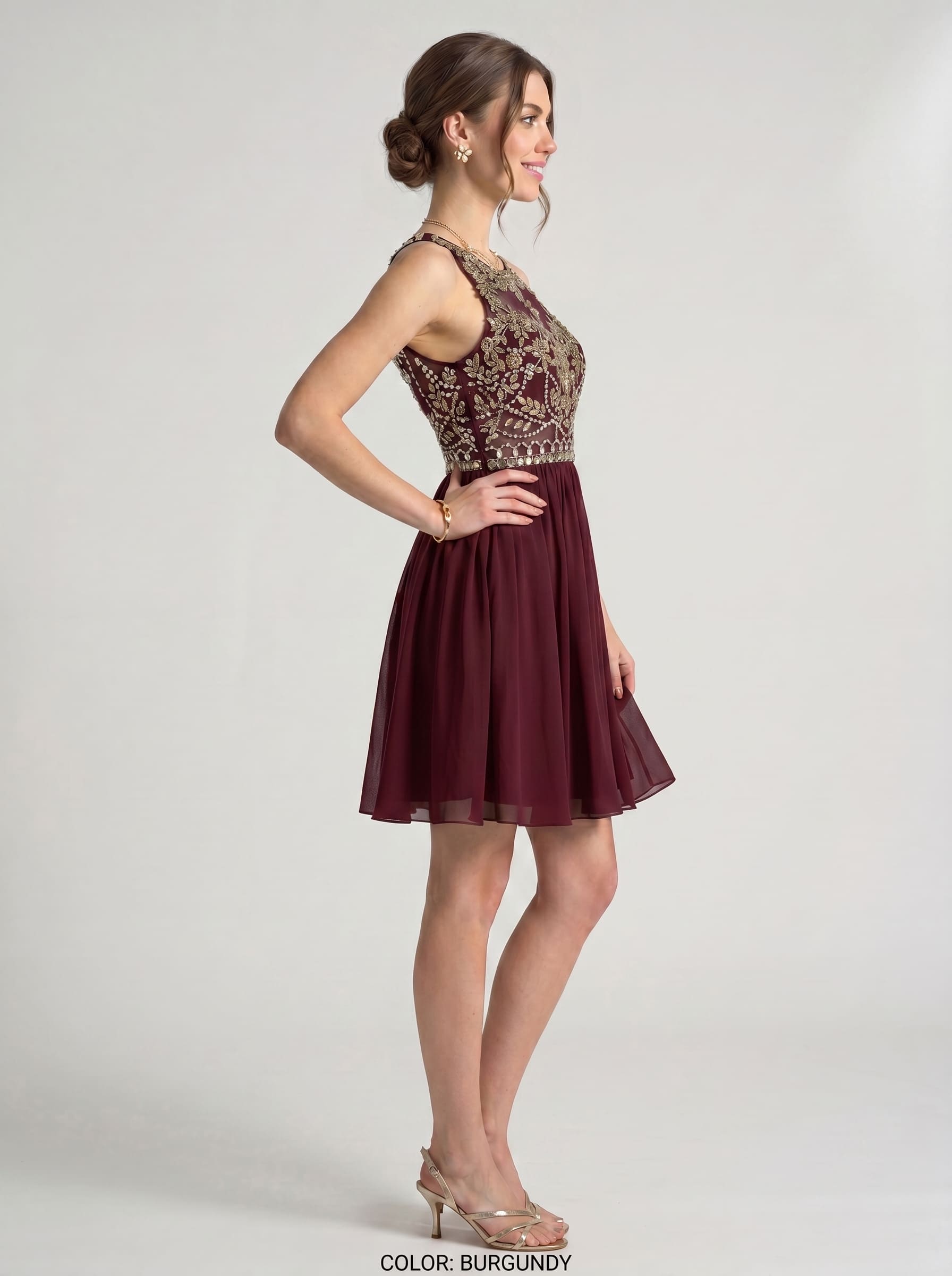 Short Beaded Homecoming Dress - Illusion Sleeveless Embellished A-Line Chiffon Cocktail Party Gown for Graduation & Prom