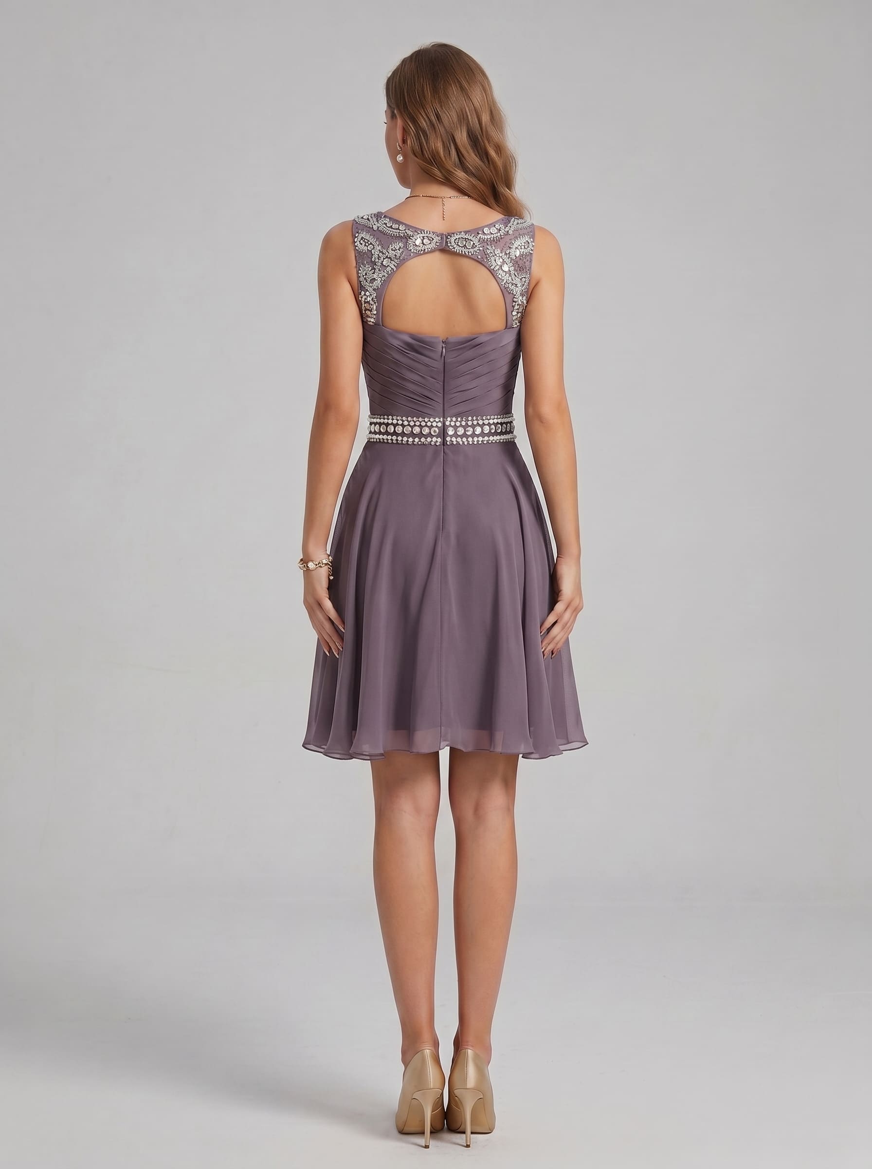 Grey Sequin Homecoming Dress Short - Illusion Neck Chiffon Prom Gown with Rhinestone Belt