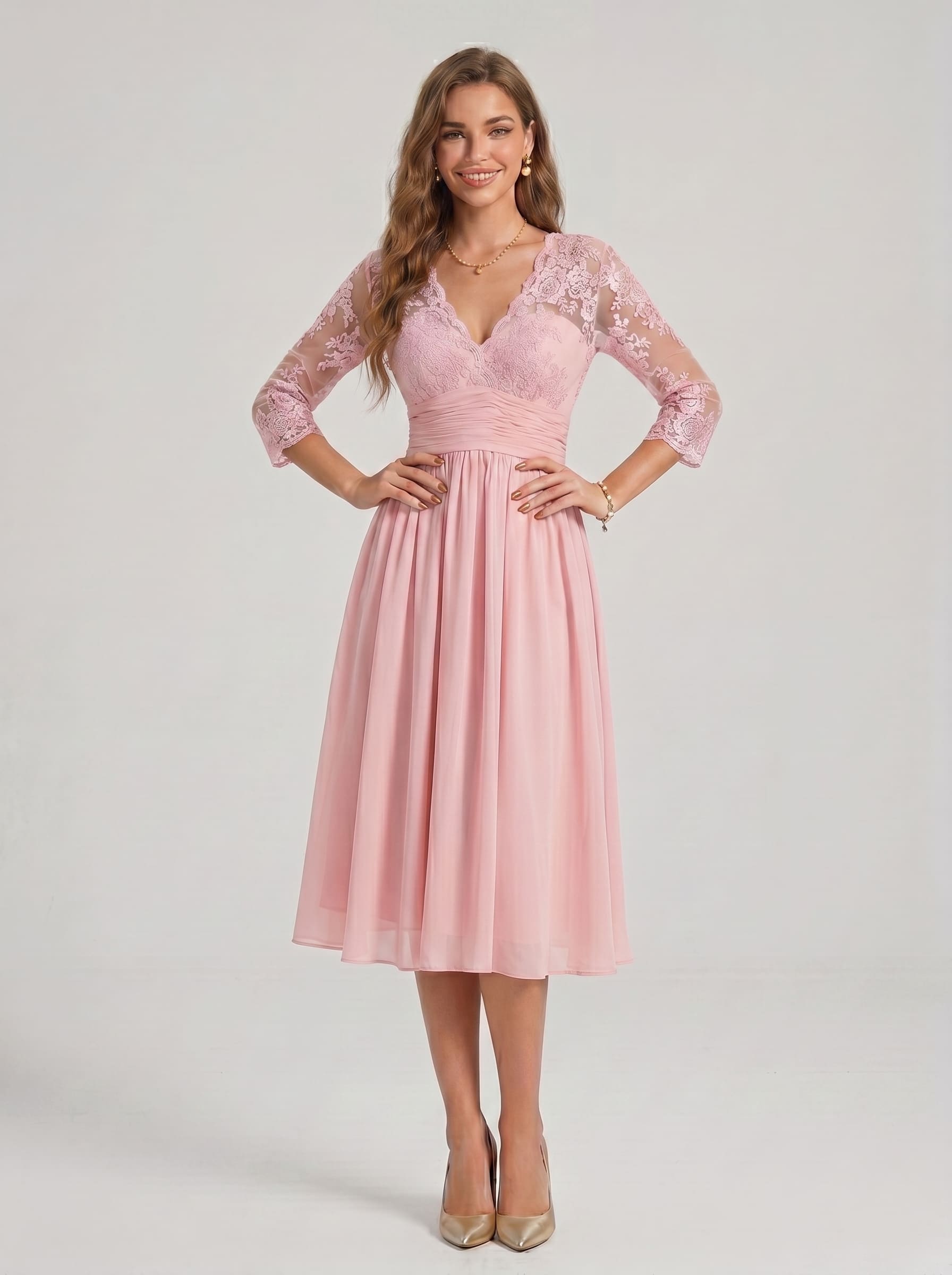 Floral Lace V-Neck Cocktail Dress - 3/4 Sleeve Mother of the Bride Midi Gown with Ruched Waistband