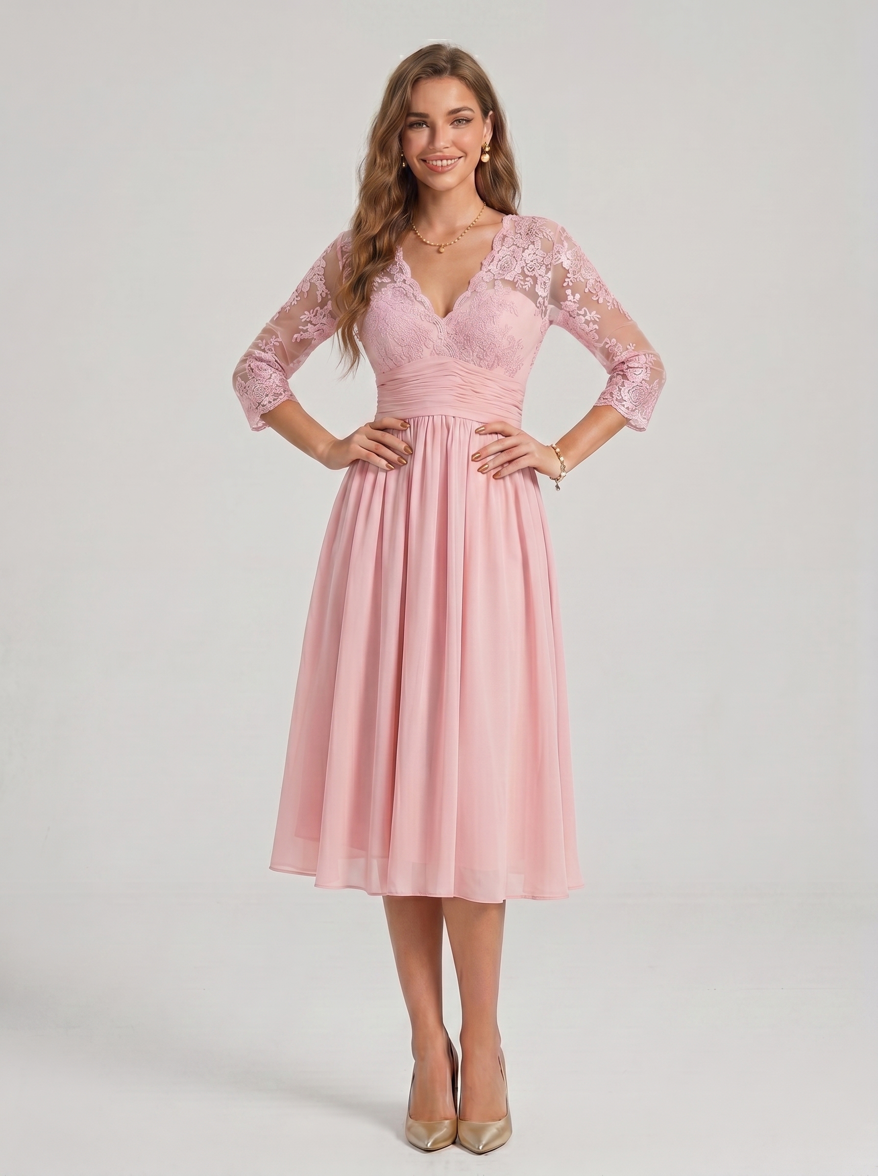 Floral Lace V-Neck Cocktail Dress - 3/4 Sleeve Mother of the Bride Midi Gown with Ruched Waistband
