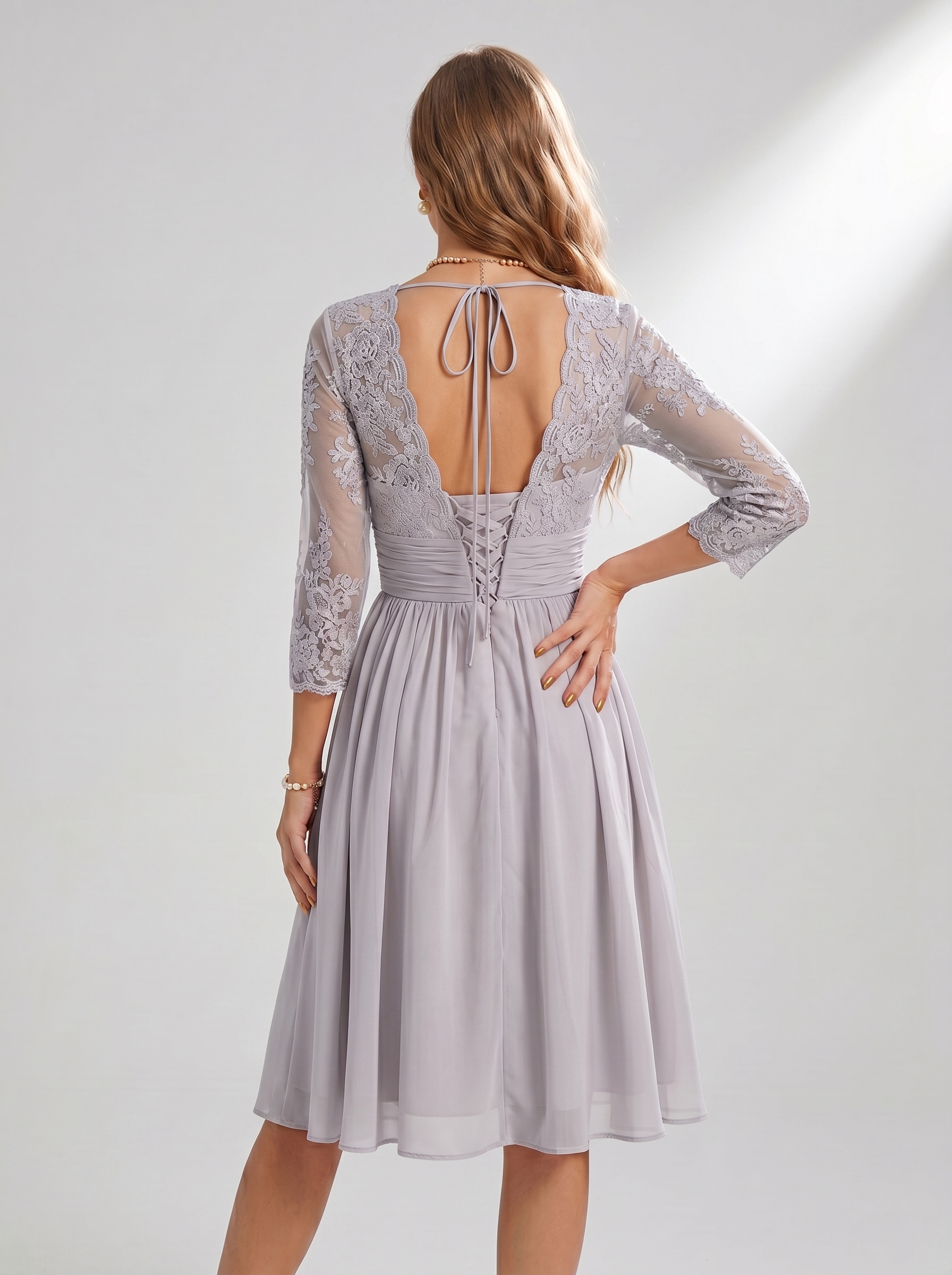 Floral Lace V-Neck Cocktail Dress - 3/4 Sleeve Mother of the Bride Midi Gown with Ruched Waistband