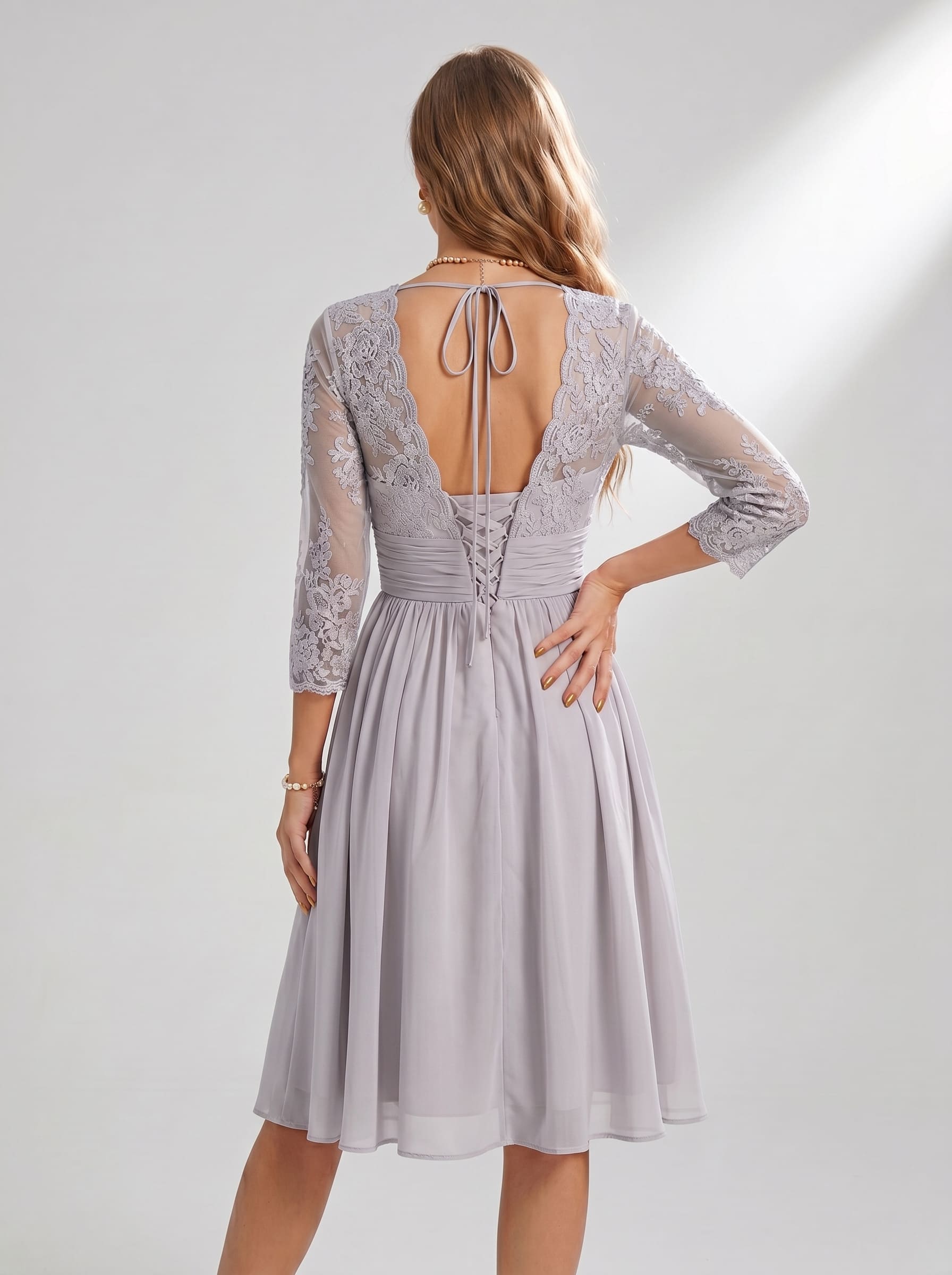 Floral Lace V-Neck Cocktail Dress - 3/4 Sleeve Mother of the Bride Midi Gown with Ruched Waistband