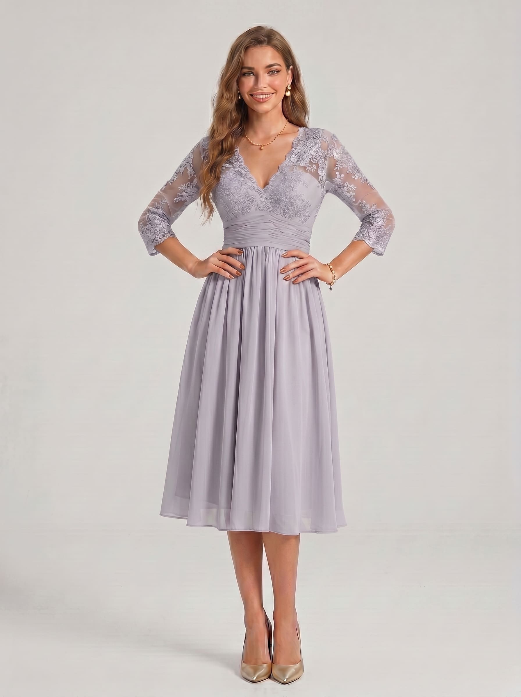 Floral Lace V-Neck Cocktail Dress - 3/4 Sleeve Mother of the Bride Midi Gown with Ruched Waistband