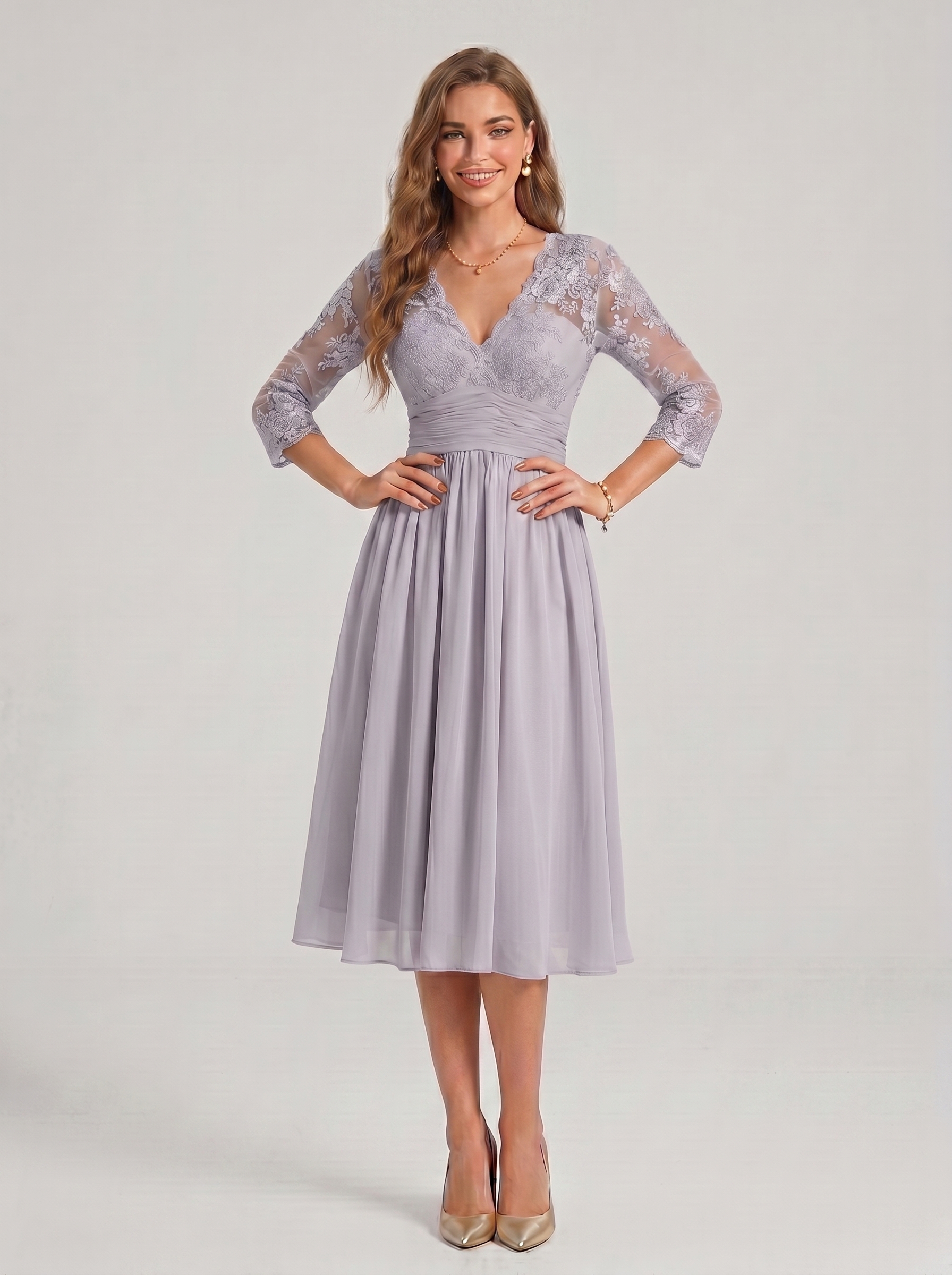 Floral Lace V-Neck Cocktail Dress - 3/4 Sleeve Mother of the Bride Midi Gown with Ruched Waistband