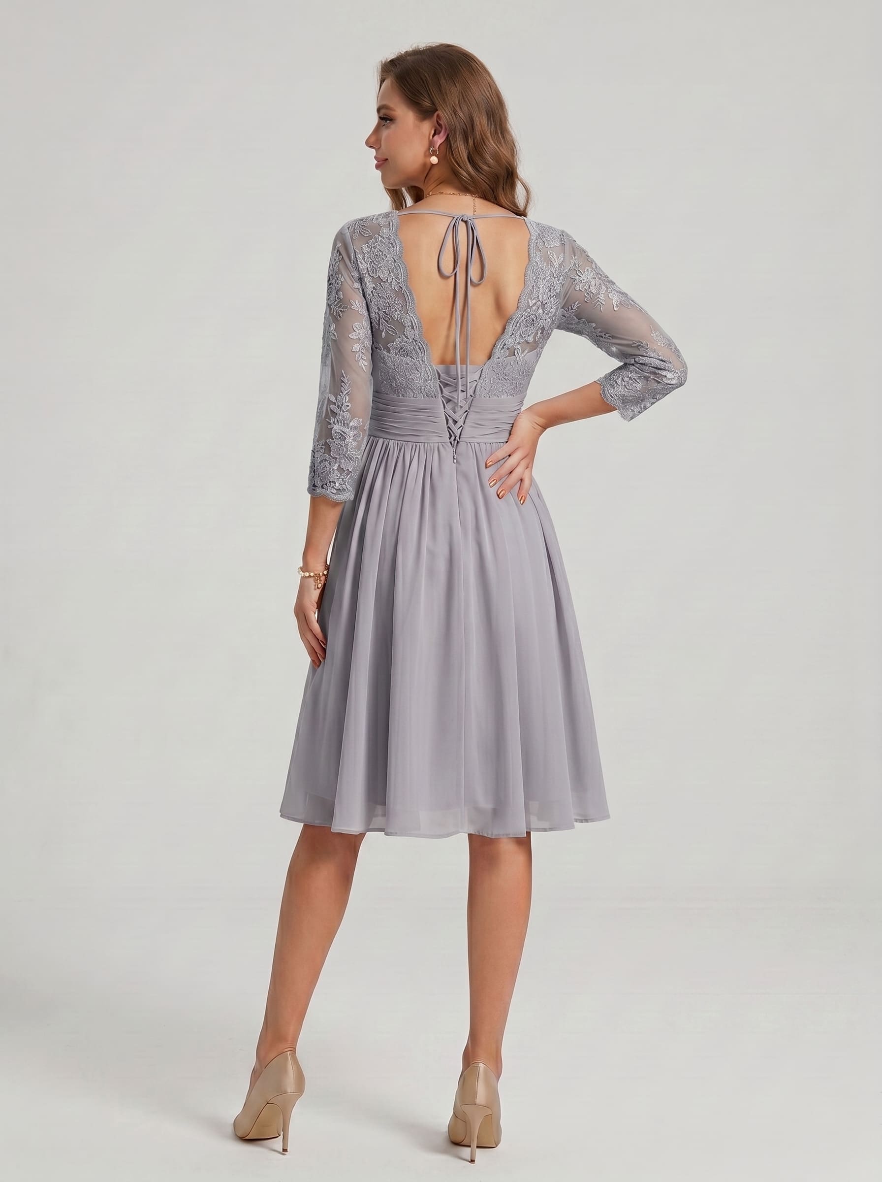 Floral Lace V-Neck Cocktail Dress - 3/4 Sleeve Mother of the Bride Midi Gown with Ruched Waistband