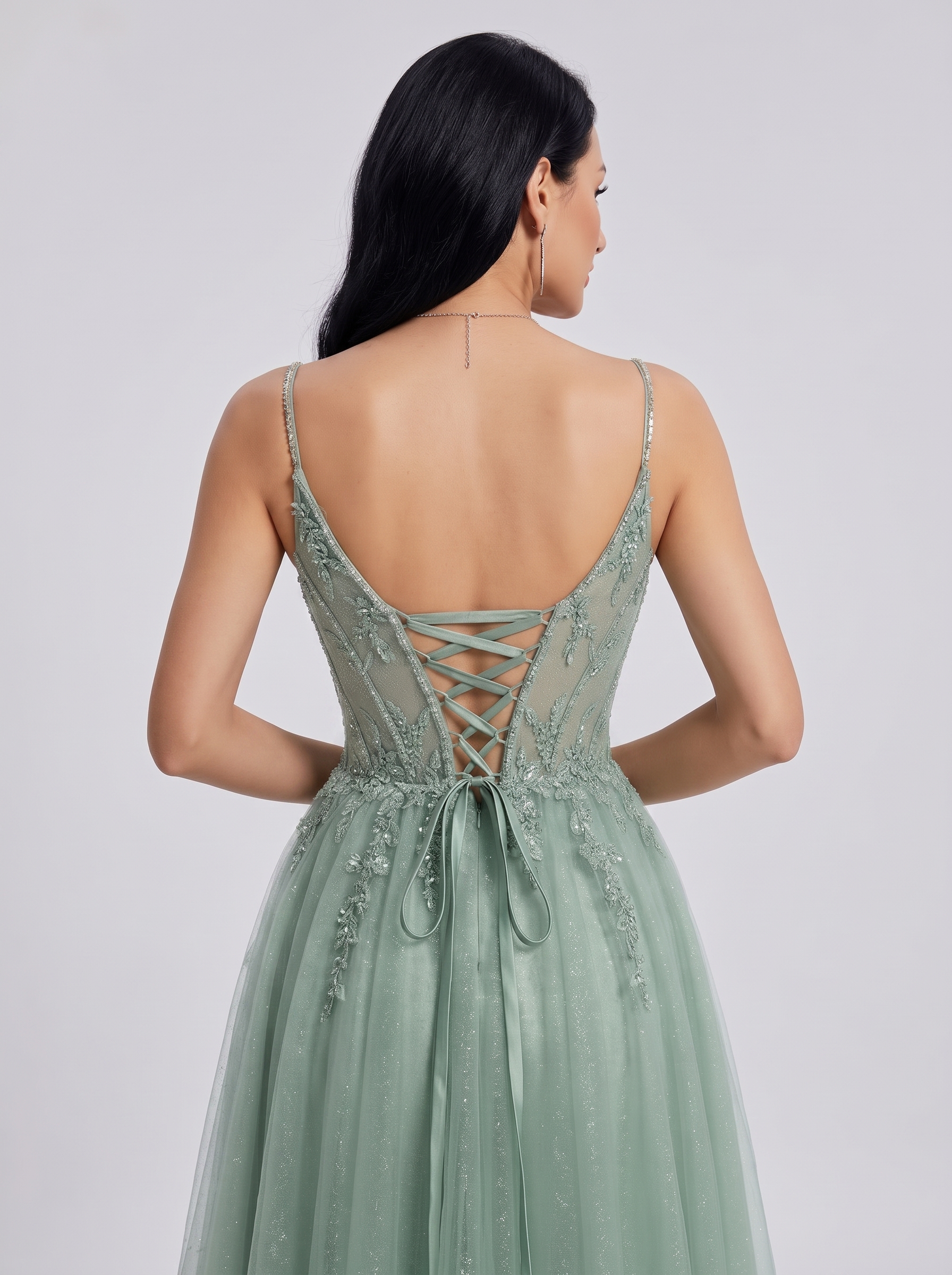 SPU - 608S20LF004 Sage Green Lace A‑Line Tulle Prom Dress