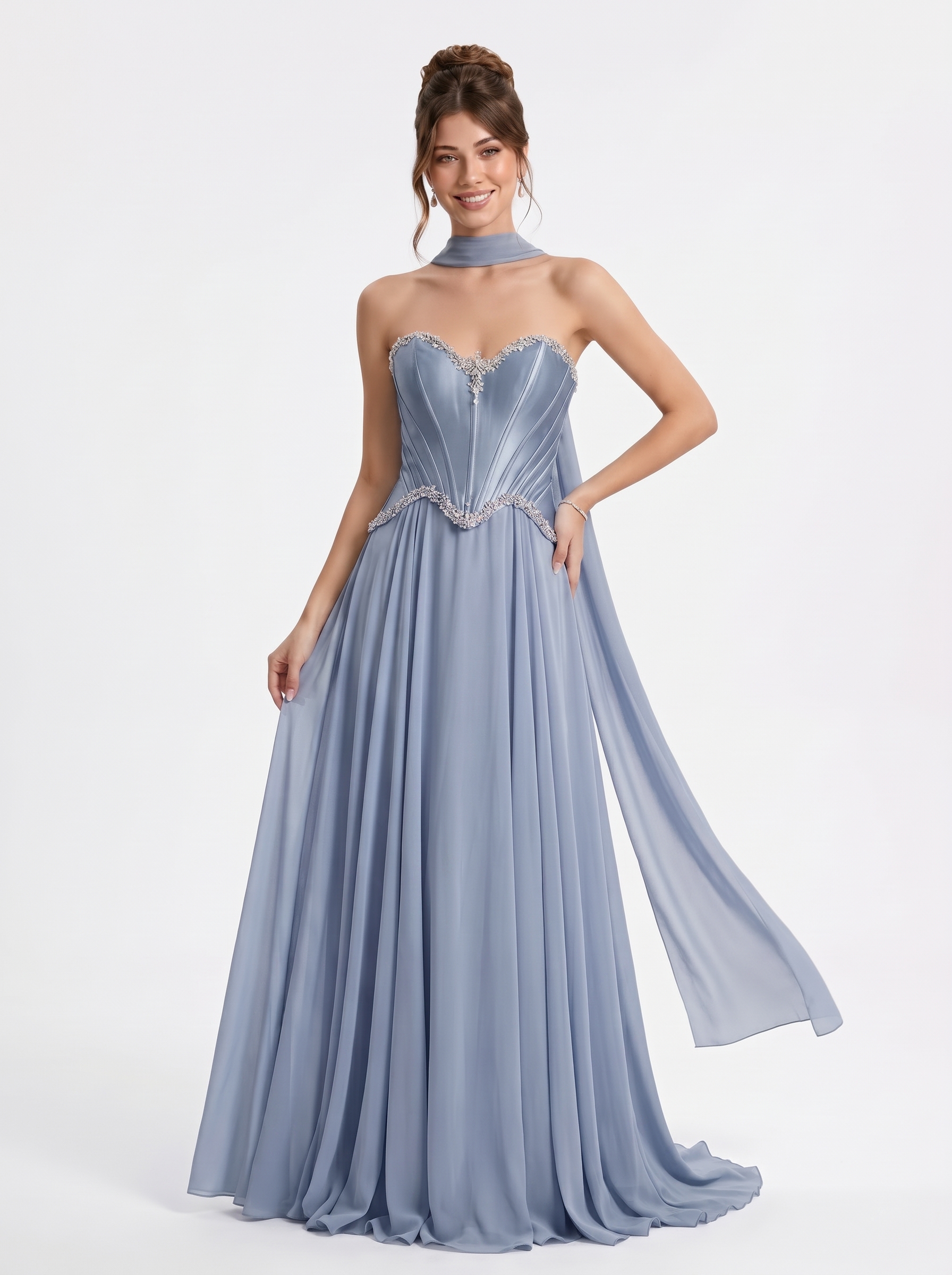 SPU - 608S20LF007 Slate Blue Strapless Sash Chiffon Gown