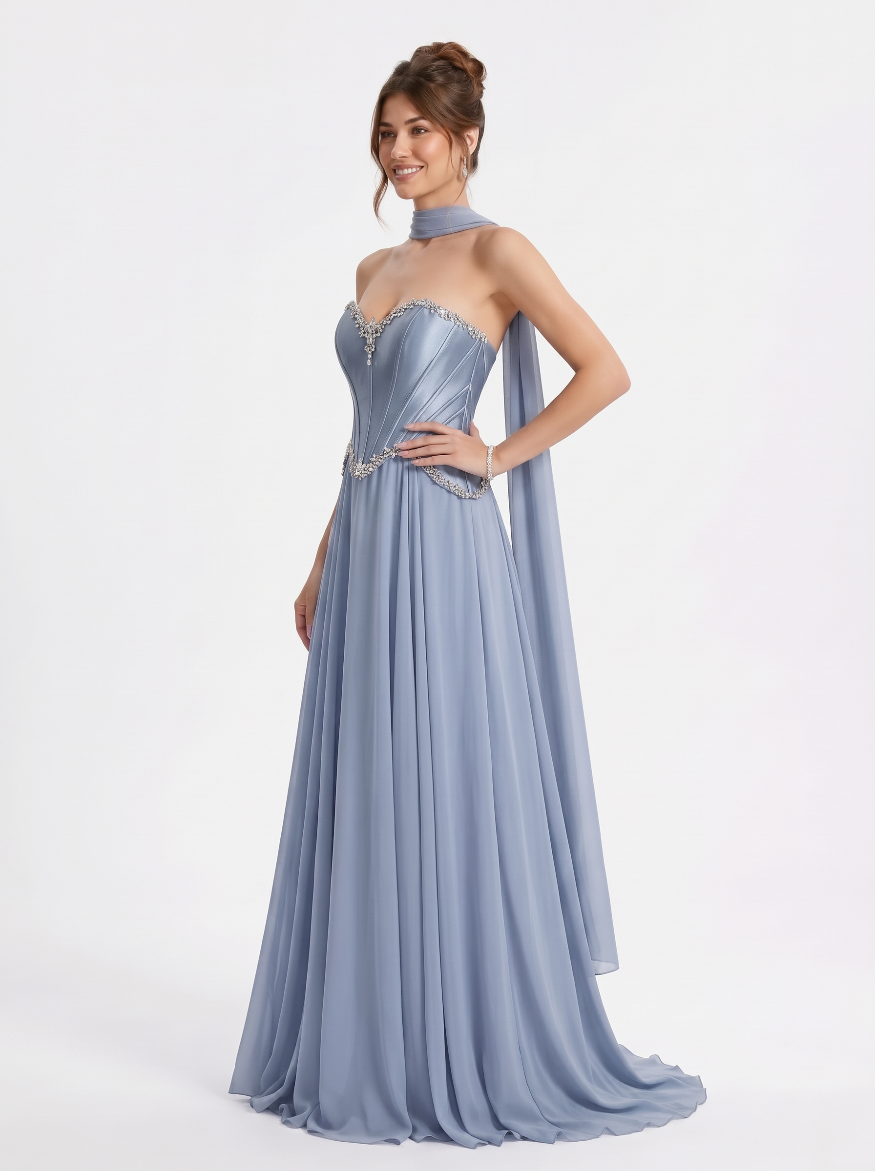 SPU - 608S20LF007 Slate Blue Strapless Sash Chiffon Gown