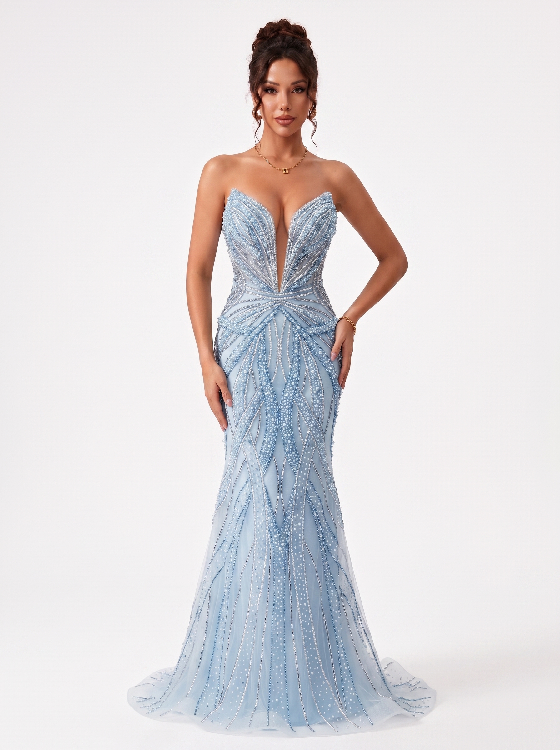 SPU - 608S20LF014 Sky Blue Beaded Strapless Mermaid Evening Gown