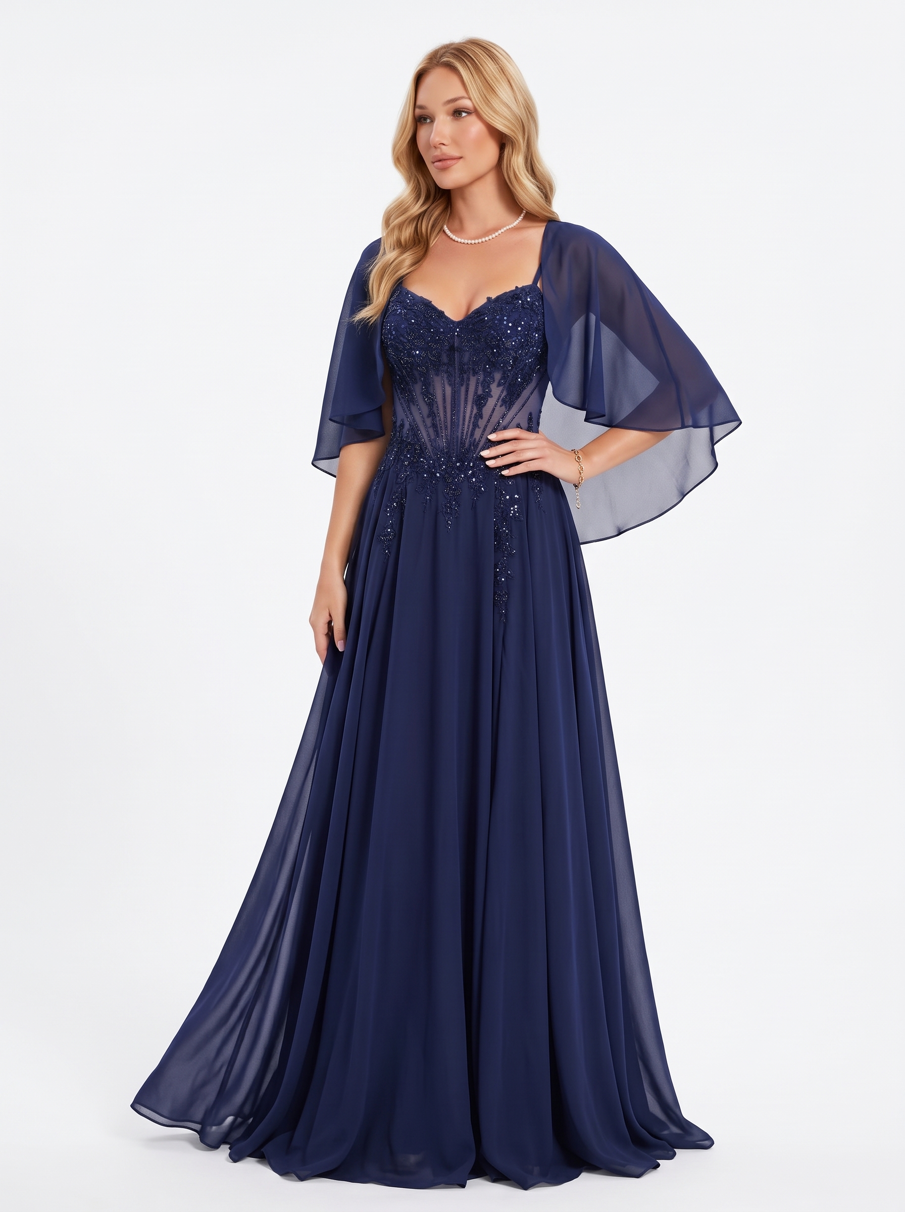 SPU - 608S20LF018 Navy Chiffon Corset Evening Gown