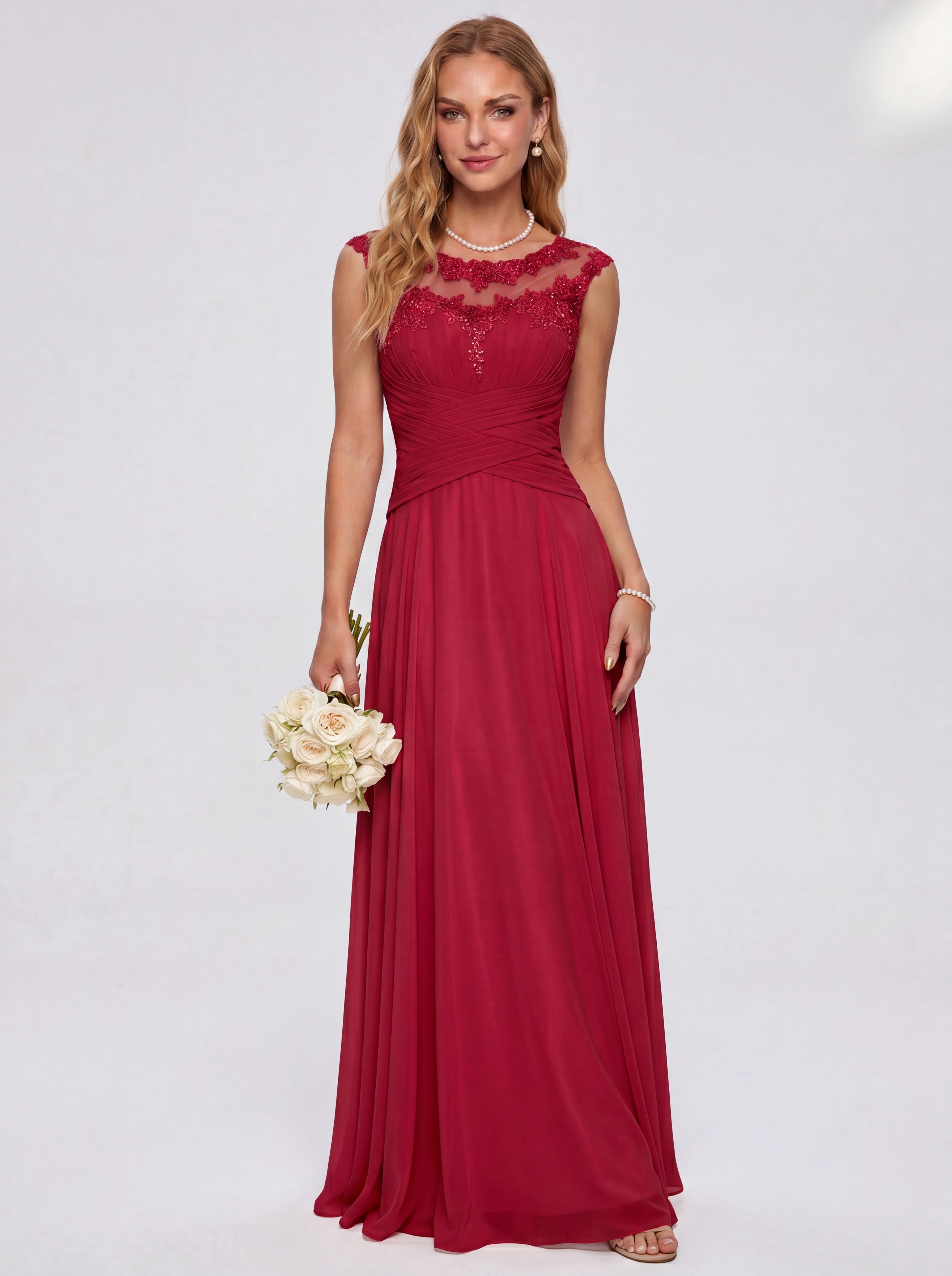 Elegant Cap Sleeve Illusion Neckline Maxi Dress - Ruched Waist Chiffon Formal Evening Gown for Wedding Guest, Bridesmaid & Prom