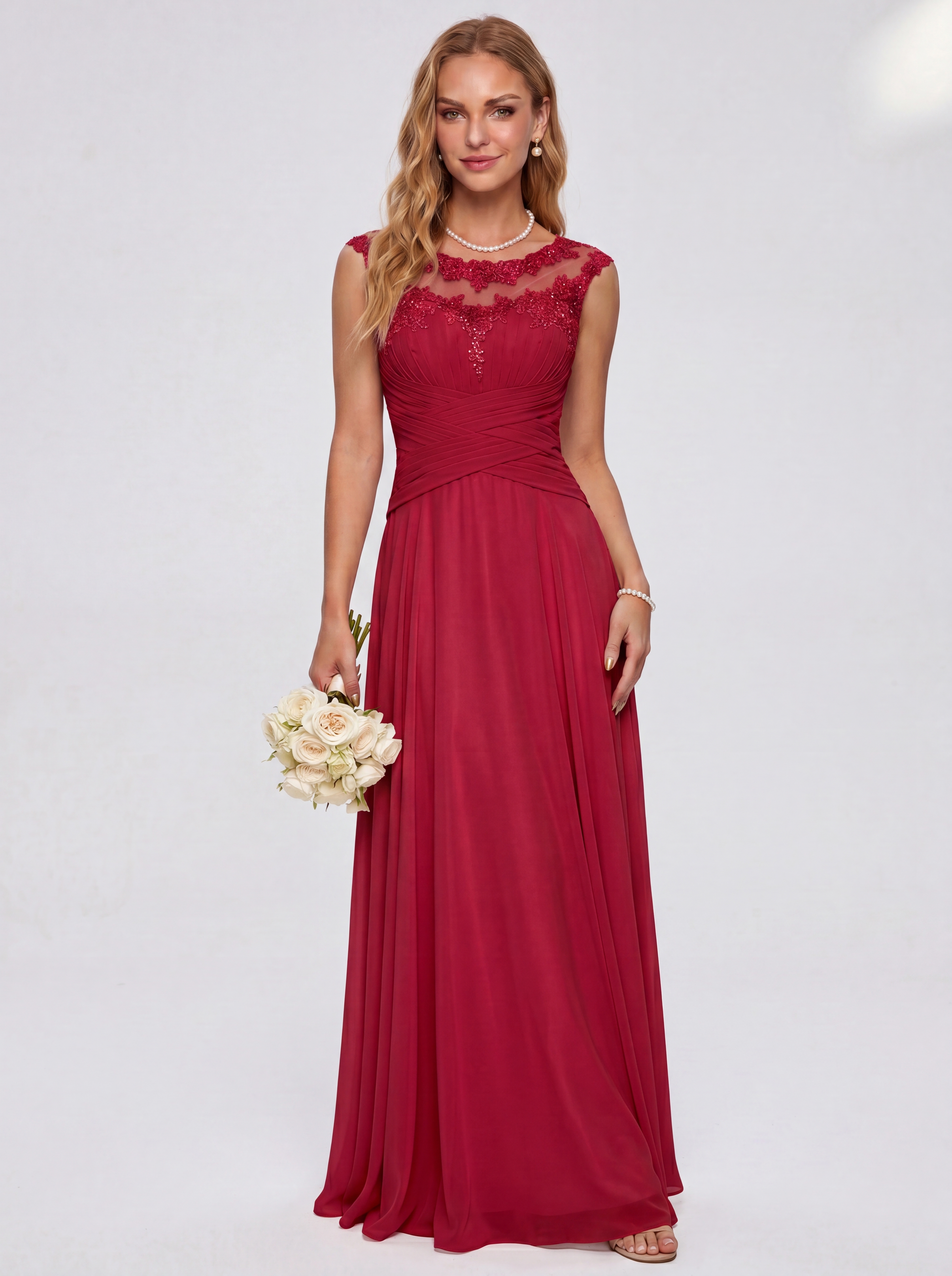 Elegant Cap Sleeve Illusion Neckline Maxi Dress - Ruched Waist Chiffon Formal Evening Gown for Wedding Guest, Bridesmaid & Prom