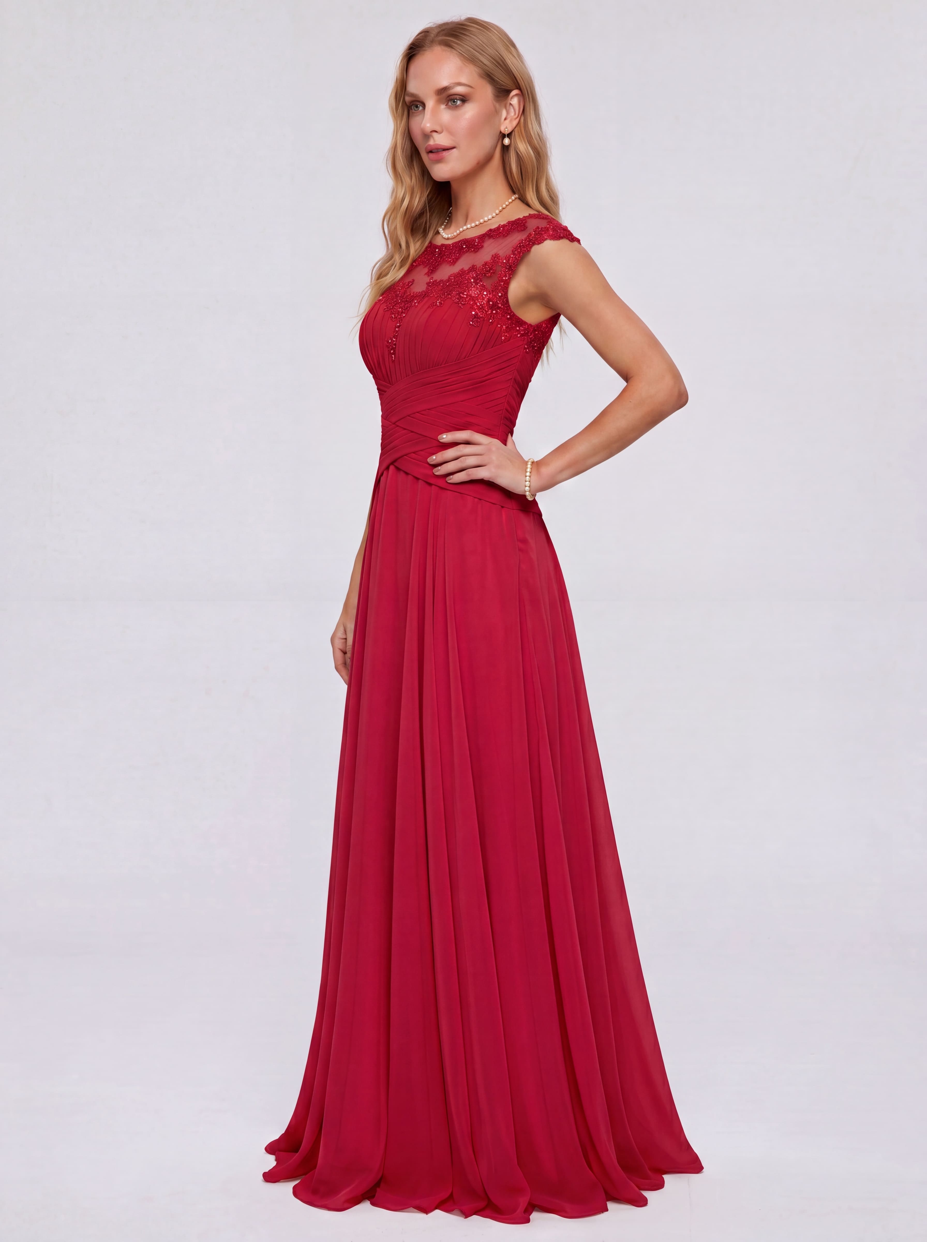 Elegant Cap Sleeve Illusion Neckline Maxi Dress - Ruched Waist Chiffon Formal Evening Gown for Wedding Guest, Bridesmaid & Prom