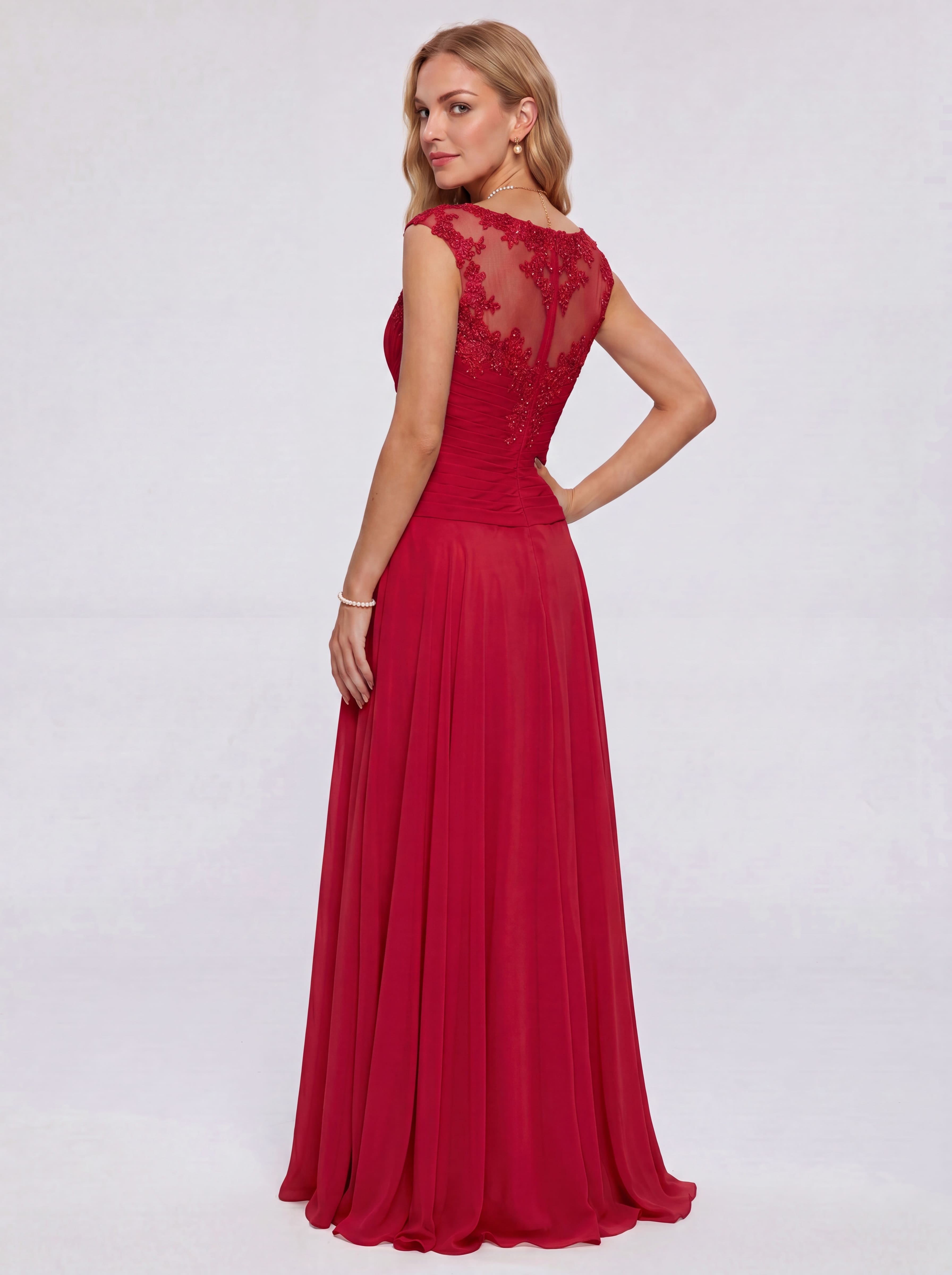 Elegant Cap Sleeve Illusion Neckline Maxi Dress - Ruched Waist Chiffon Formal Evening Gown for Wedding Guest, Bridesmaid & Prom