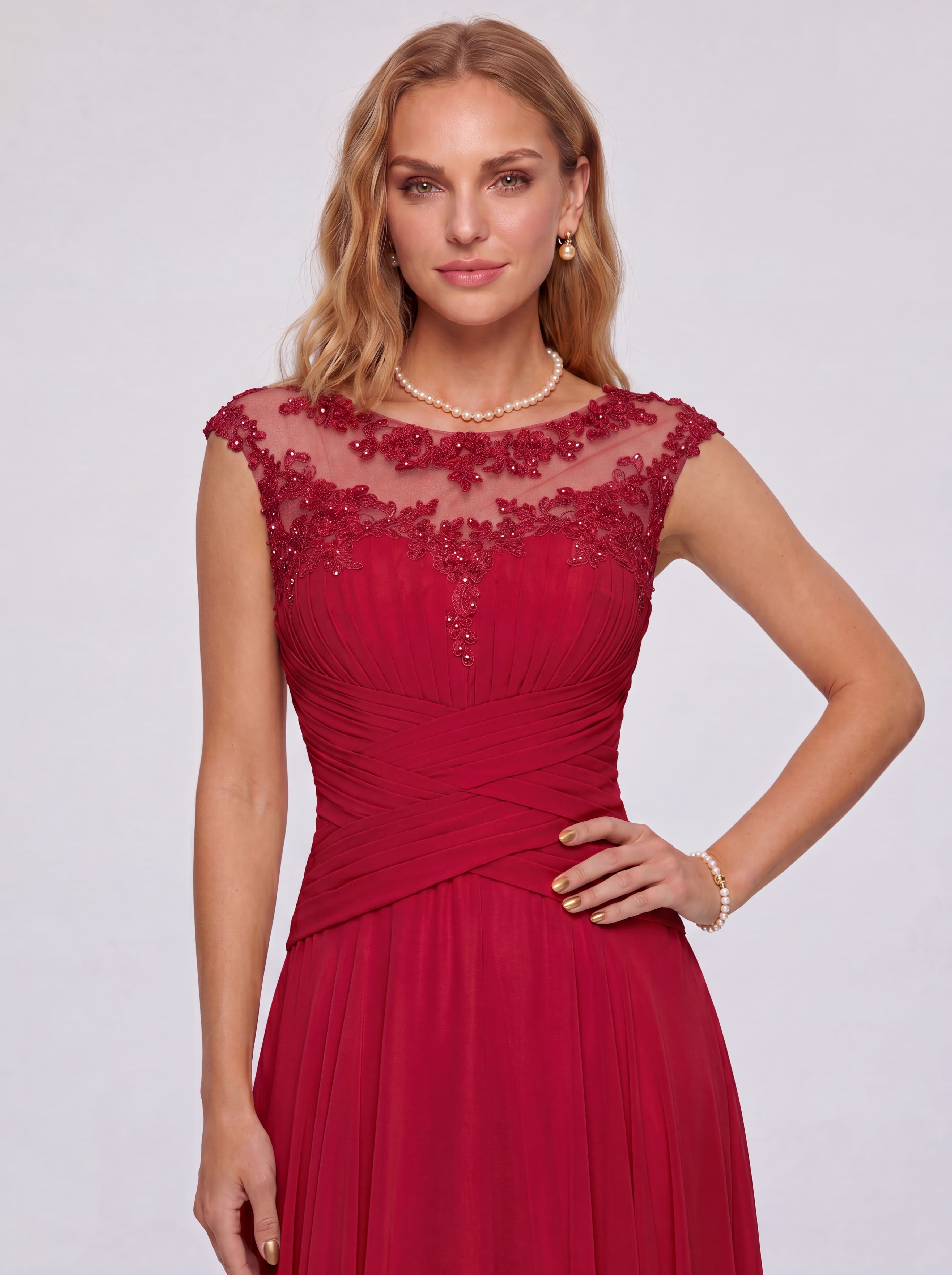 Elegant Cap Sleeve Illusion Neckline Maxi Dress - Ruched Waist Chiffon Formal Evening Gown for Wedding Guest, Bridesmaid & Prom
