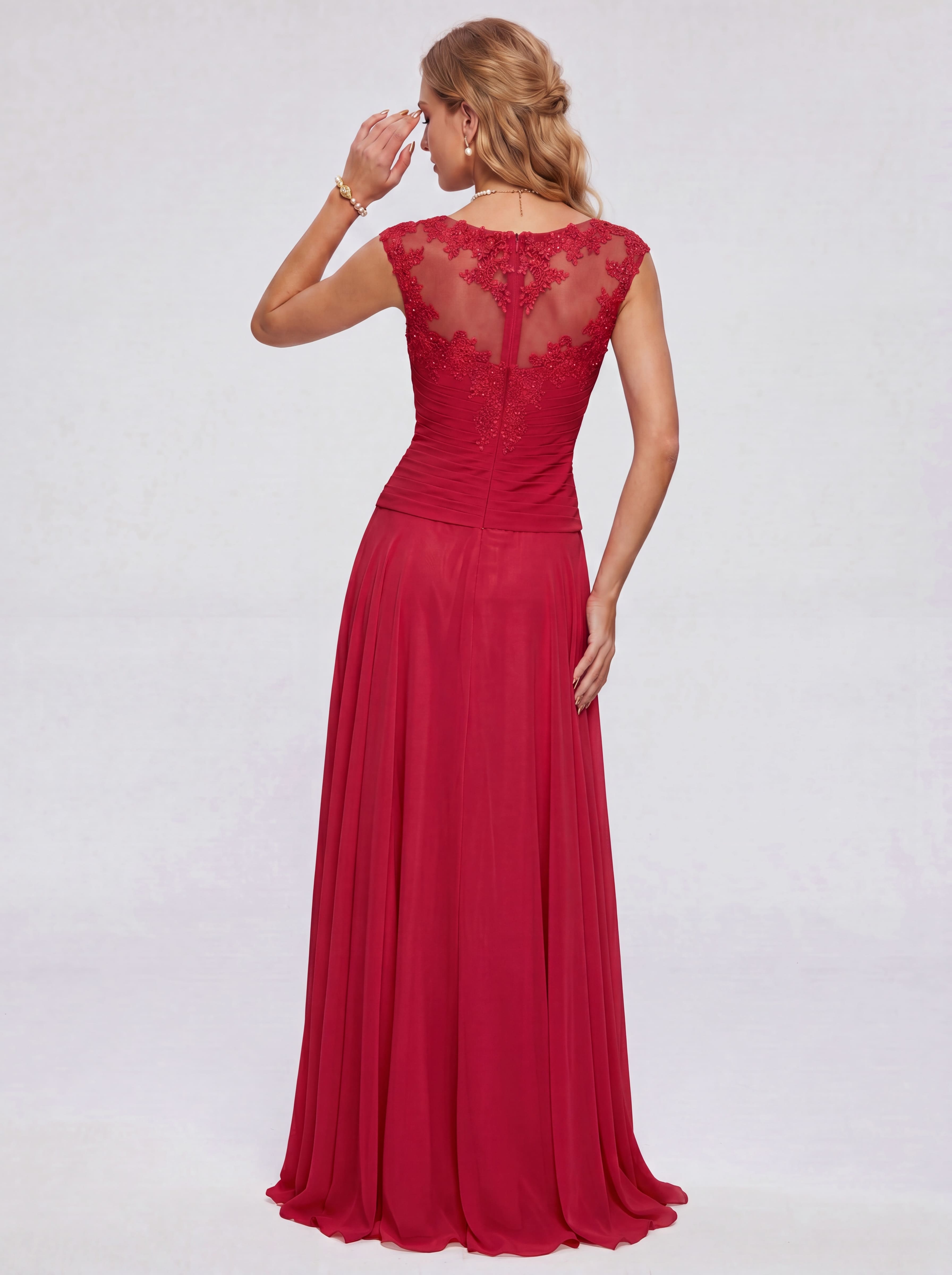 Elegant Cap Sleeve Illusion Neckline Maxi Dress - Ruched Waist Chiffon Formal Evening Gown for Wedding Guest, Bridesmaid & Prom