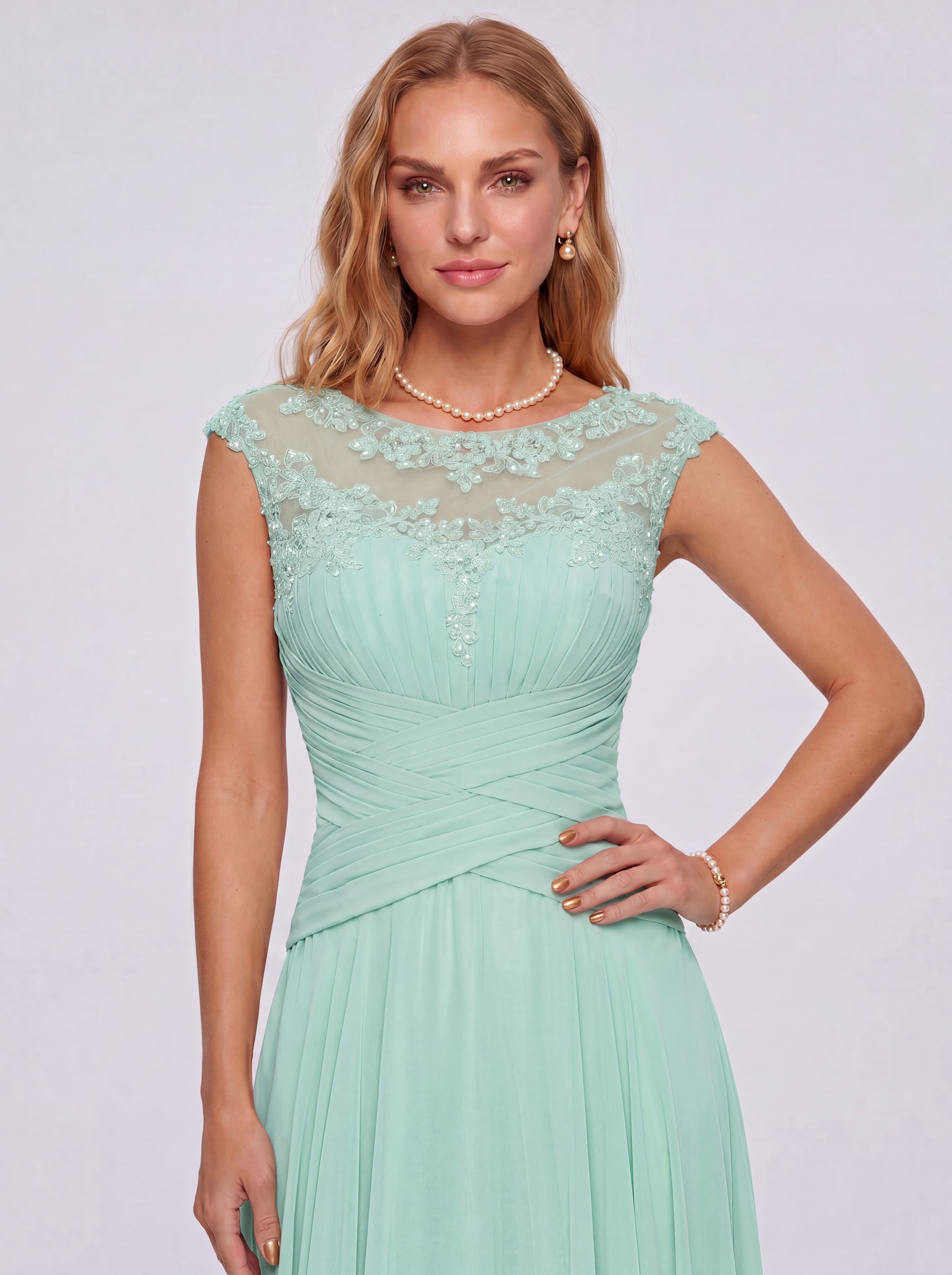 Elegant Cap Sleeve Illusion Neckline Maxi Dress - Ruched Waist Chiffon Formal Evening Gown for Wedding Guest, Bridesmaid & Prom