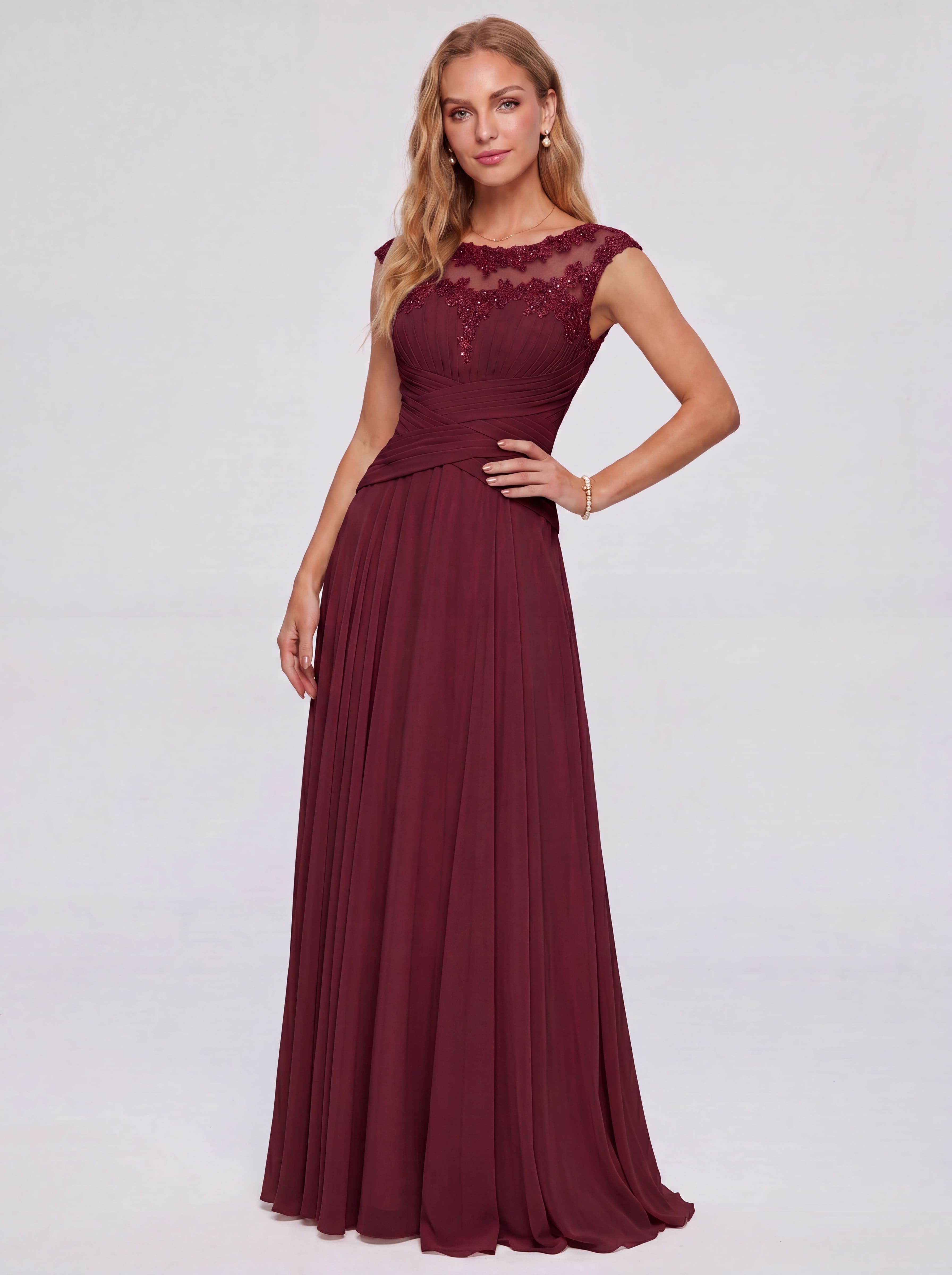 Elegant Cap Sleeve Illusion Neckline Maxi Dress - Ruched Waist Chiffon Formal Evening Gown for Wedding Guest, Bridesmaid & Prom
