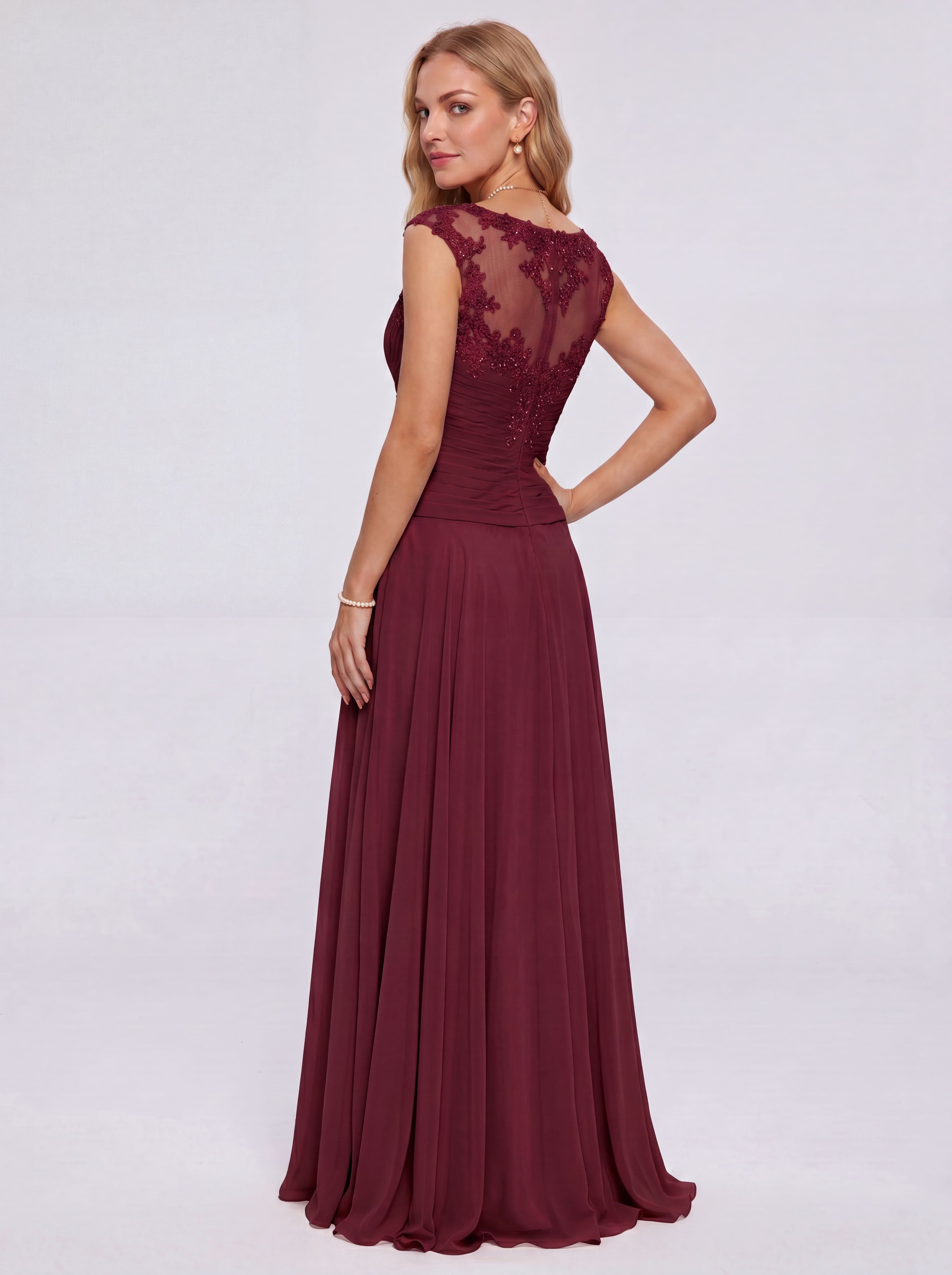 Elegant Cap Sleeve Illusion Neckline Maxi Dress - Ruched Waist Chiffon Formal Evening Gown for Wedding Guest, Bridesmaid & Prom