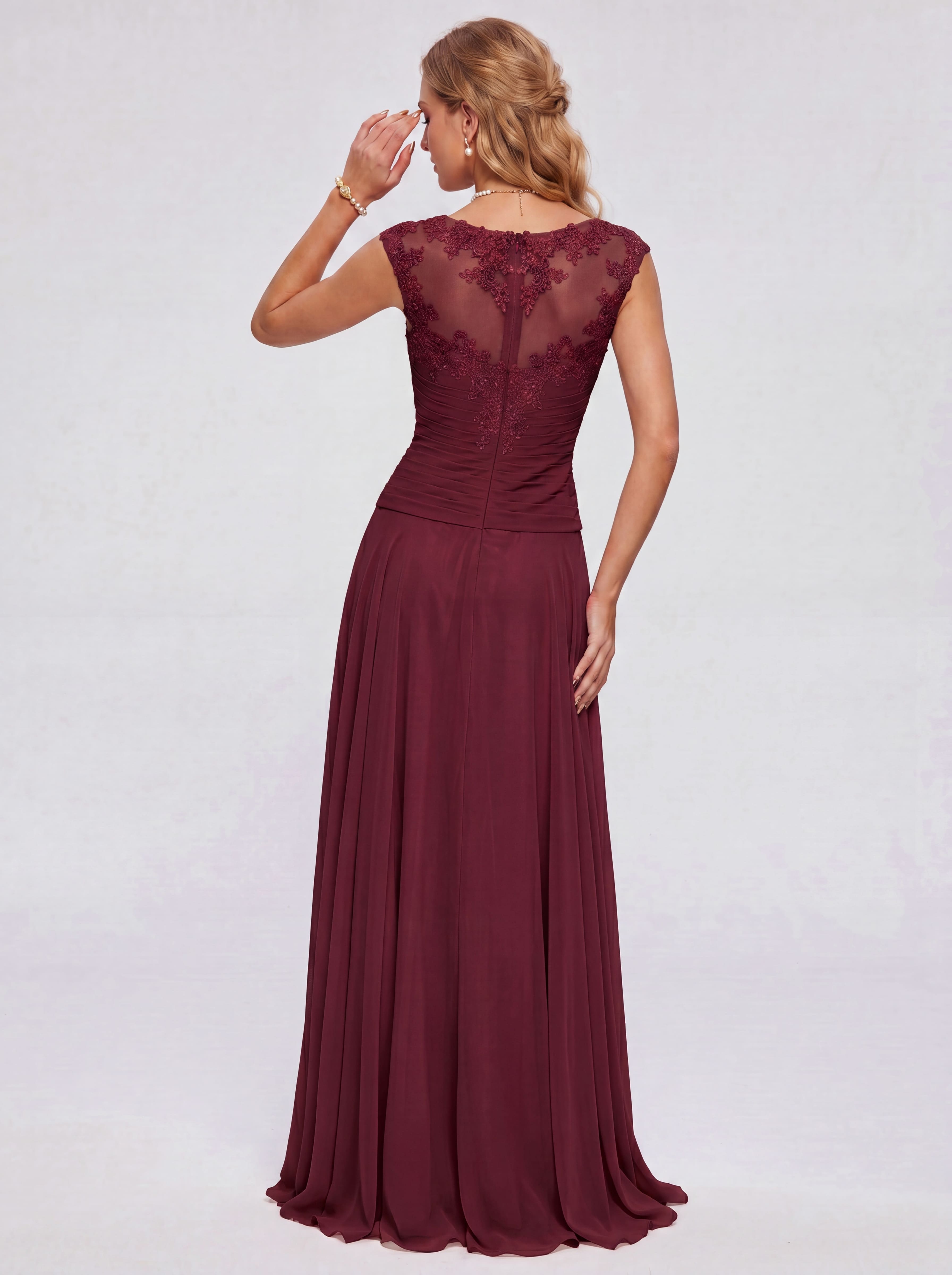 Elegant Cap Sleeve Illusion Neckline Maxi Dress - Ruched Waist Chiffon Formal Evening Gown for Wedding Guest, Bridesmaid & Prom