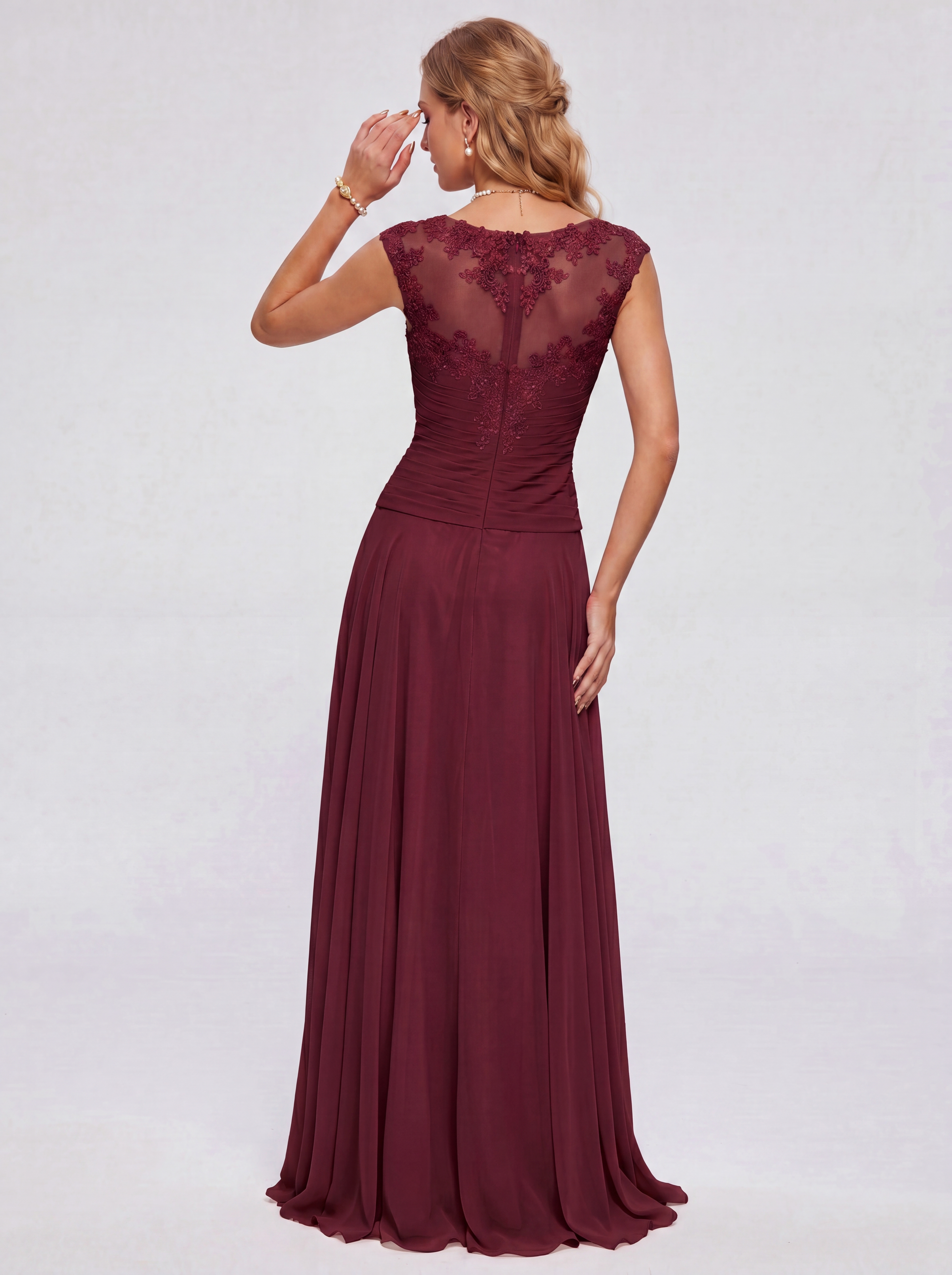 Elegant Cap Sleeve Illusion Neckline Maxi Dress - Ruched Waist Chiffon Formal Evening Gown for Wedding Guest, Bridesmaid & Prom