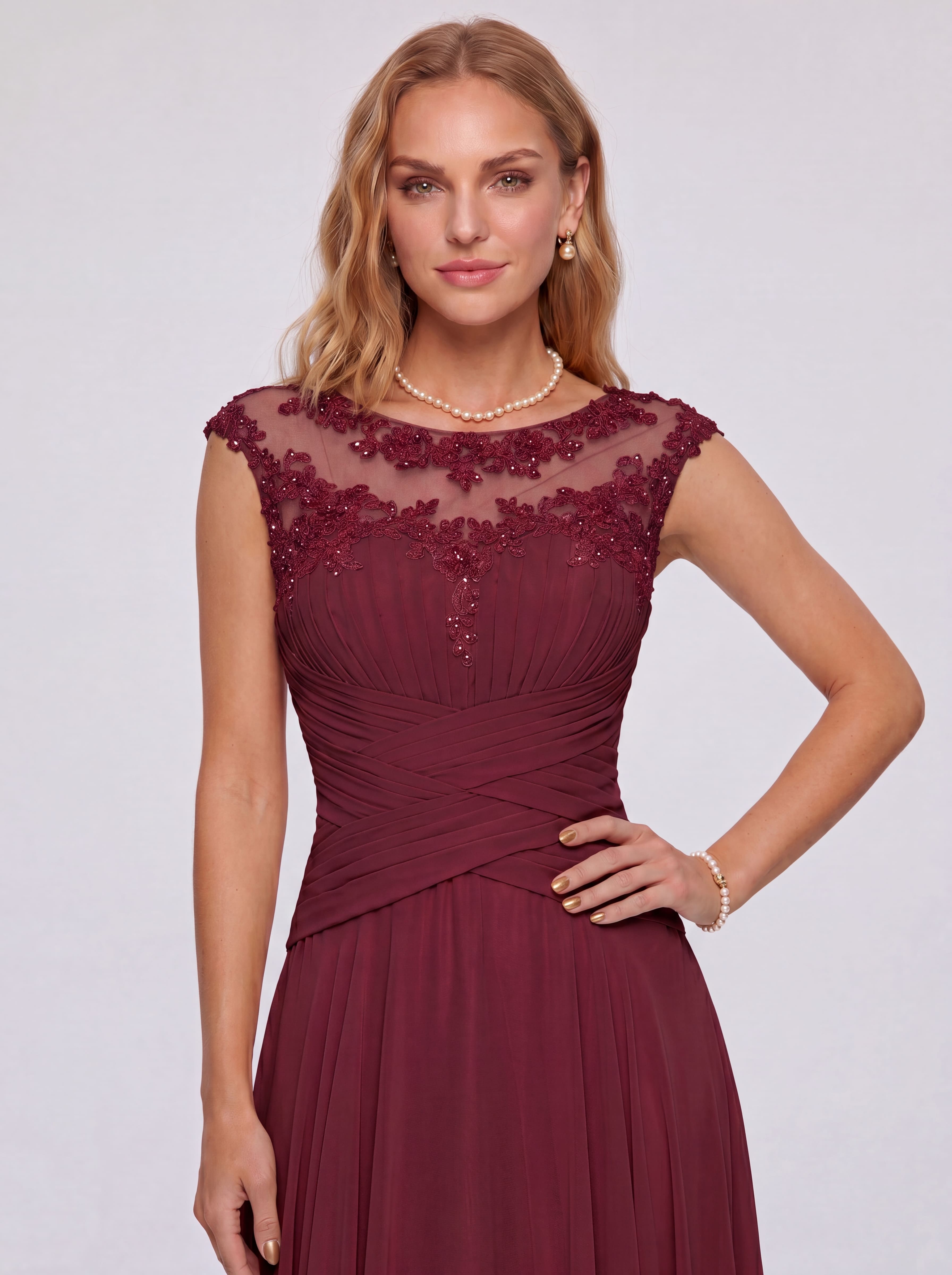 Elegant Cap Sleeve Illusion Neckline Maxi Dress - Ruched Waist Chiffon Formal Evening Gown for Wedding Guest, Bridesmaid & Prom