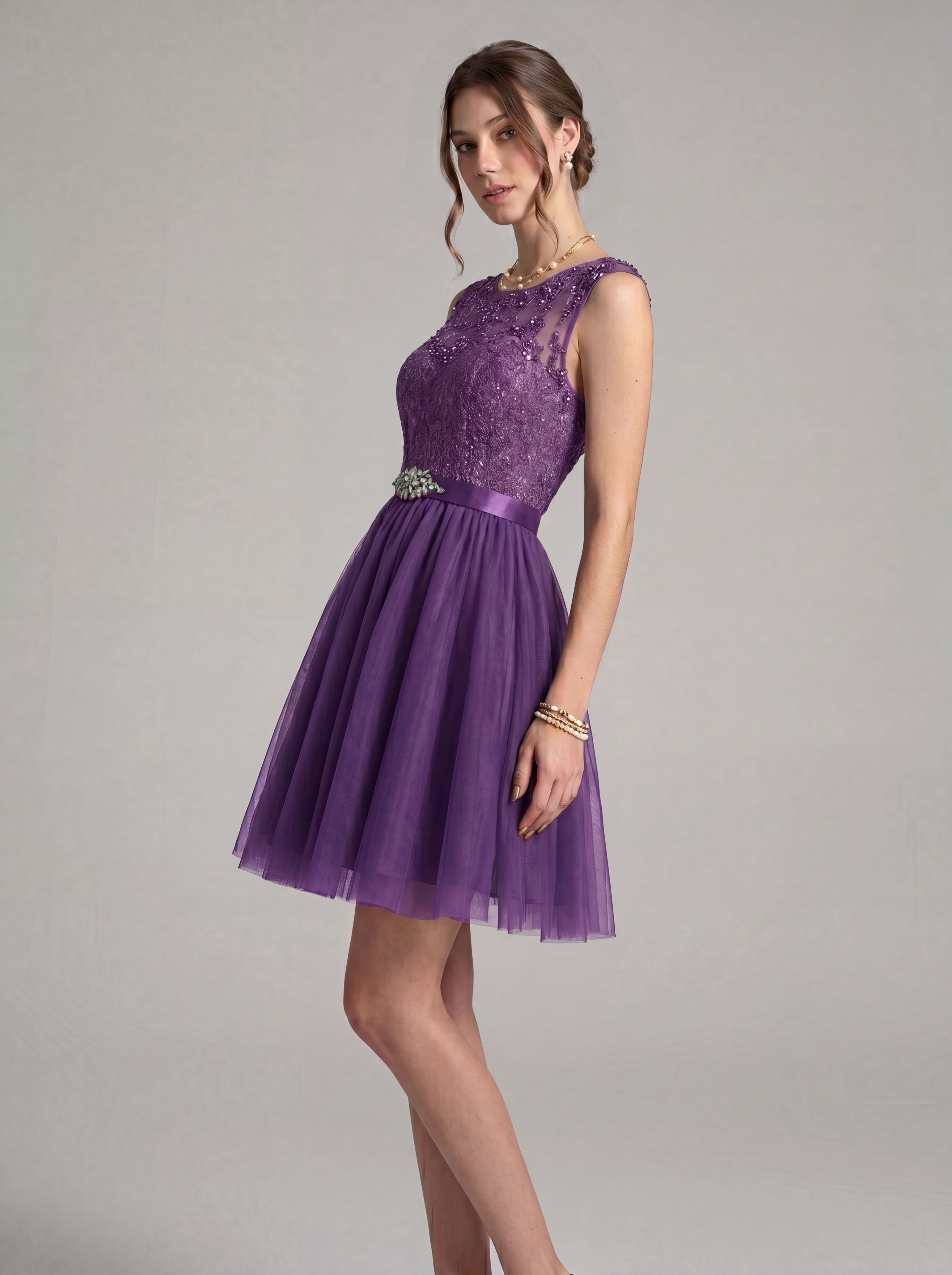 Elegant Short Homecoming Dress - Illusion Lace Tulle A-Line Cocktail Gown with Rhinestone Belt for Prom & Graduation